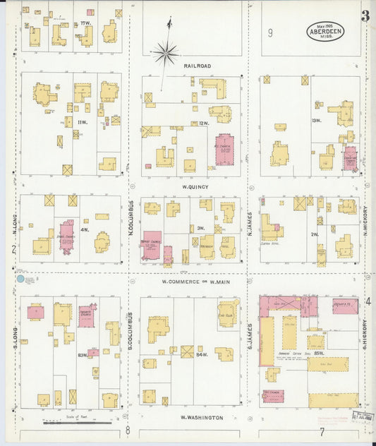 Sanborn Fire Insurance Map from Aberdeen, Monroe County, Mississippi (1905), Sheet #0003 - Historic Sanborn Fire Insurance Map Print, vintage old map wall art, antique decor, genealogy gift, Mississippi Mississippi map
