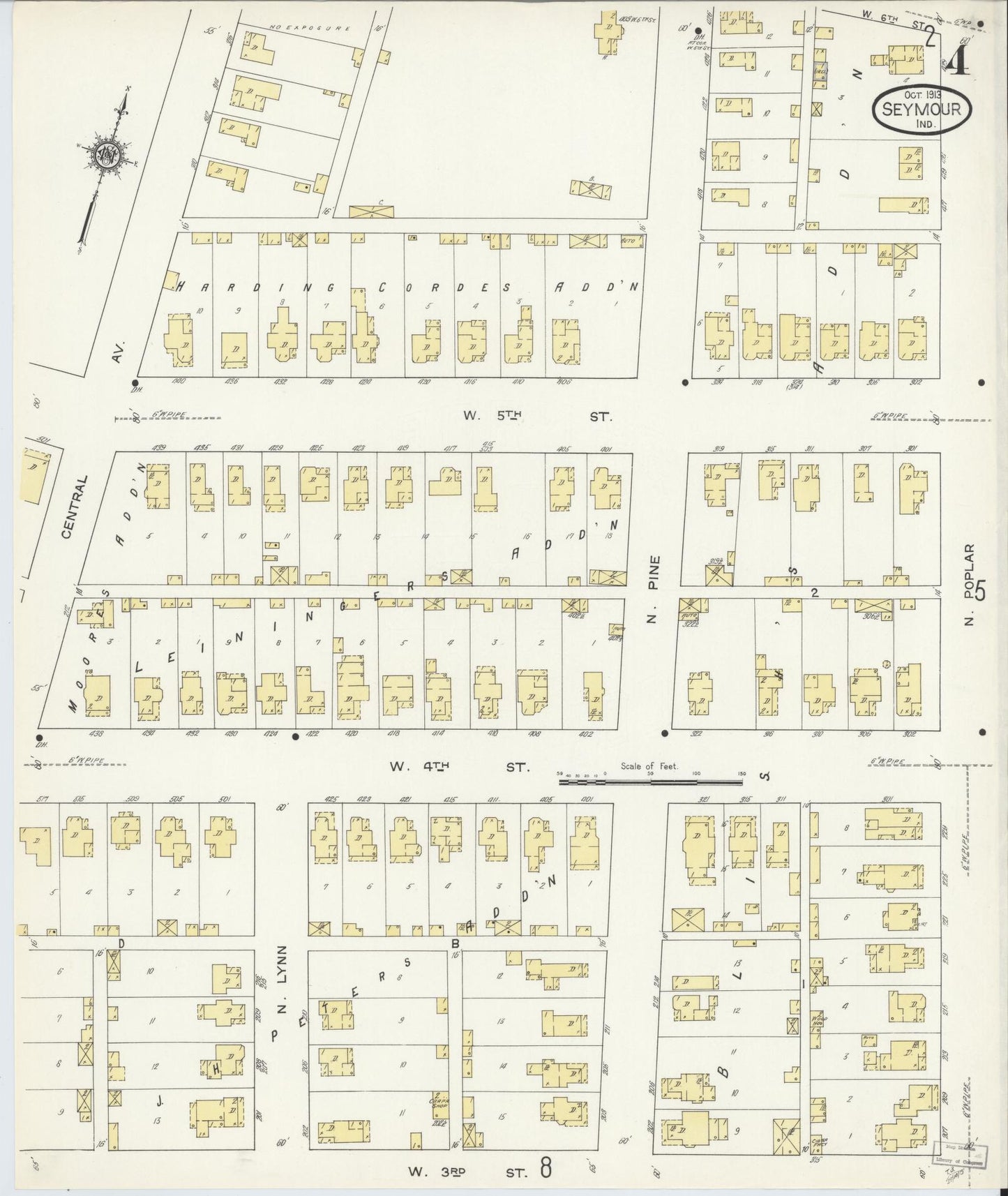 Sanborn Fire Insurance Map from Seymour, Jackson County, Indiana (1913), Sheet #0004 - Historic Sanborn Fire Insurance Map Print, vintage old map wall art, antique decor, genealogy gift, Indiana Indiana map
