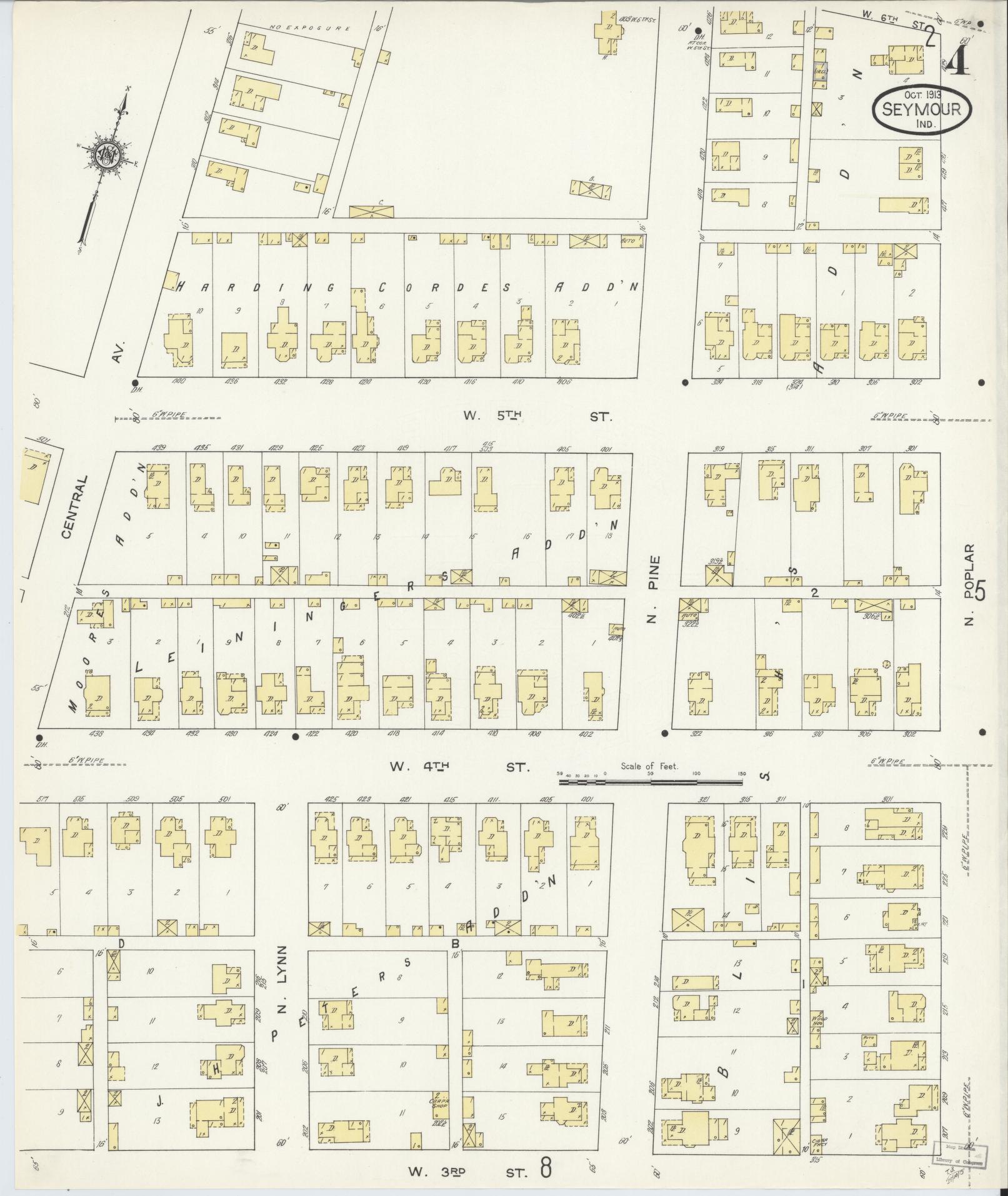 Sanborn Fire Insurance Map from Seymour, Jackson County, Indiana (1913), Sheet #0004 - Historic Sanborn Fire Insurance Map Print, vintage old map wall art, antique decor, genealogy gift, Indiana Indiana map