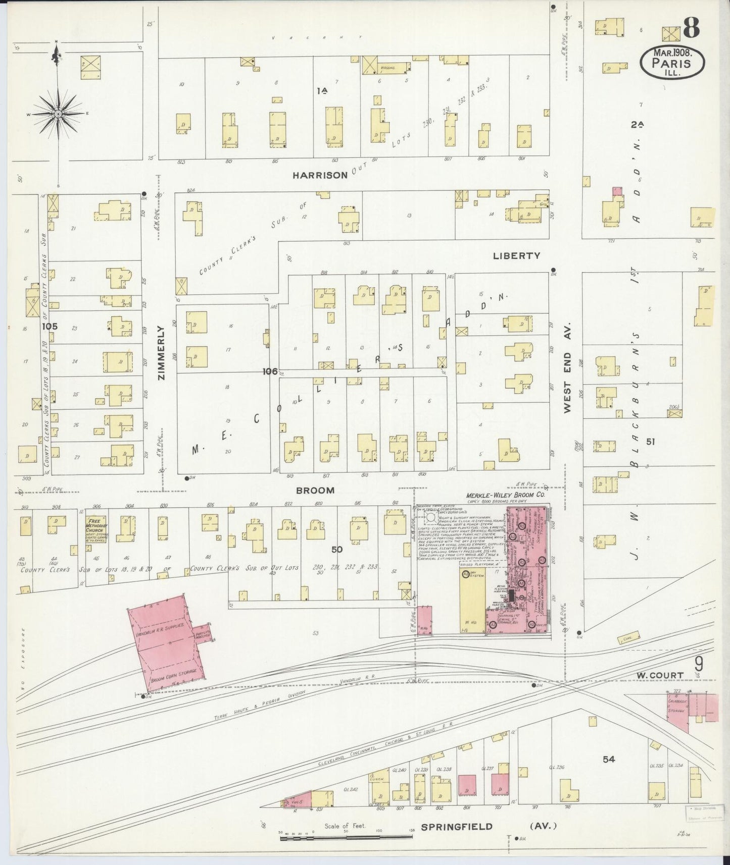 Sanborn Fire Insurance Map from Paris, Edgar County, Illinois (1908), Sheet #0008 - Complete Map Set gallery image, historic Sanborn map, vintage wall art, Illinois Illinois