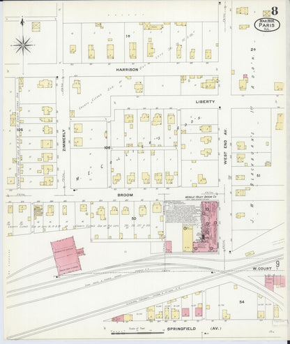 Sanborn Fire Insurance Map from Paris, Edgar County, Illinois (1908), Sheet #0008 - Complete Map Set gallery image, historic Sanborn map, vintage wall art, Illinois Illinois