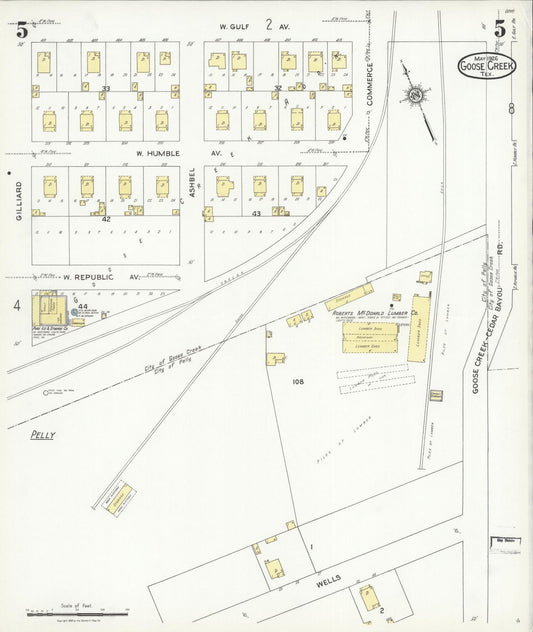 Sanborn Fire Insurance Map from Goose Creek, Harris County, Texas (1926), Sheet #0005 - Historic Sanborn Fire Insurance Map Print, vintage old map wall art, antique decor, genealogy gift, Texas Texas map