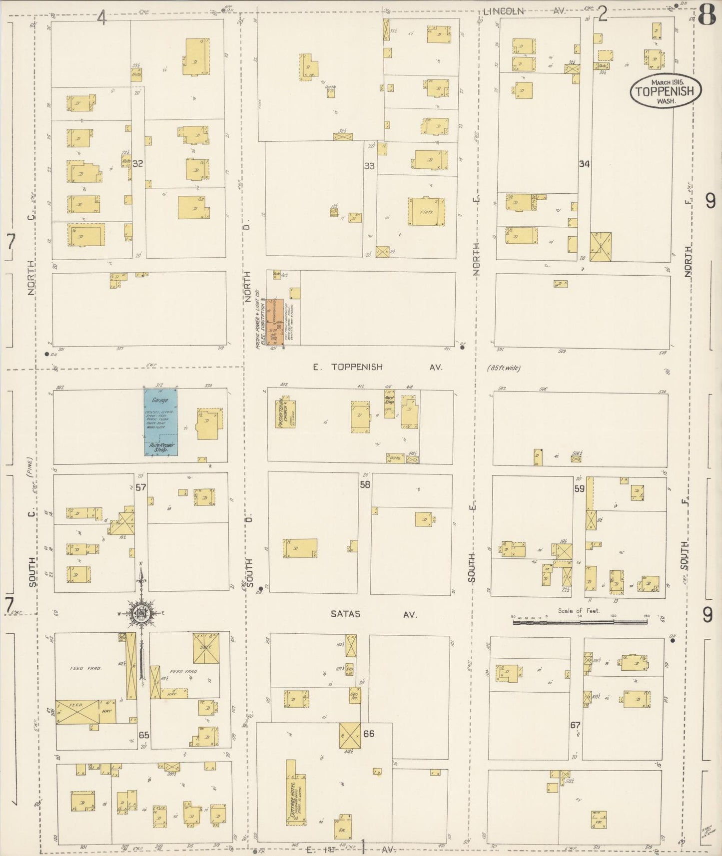 Sanborn Fire Insurance Map from Toppenish, Yakima County, Washington (1915), Sheet #0008 - Historic Sanborn Fire Insurance Map Print, vintage old map wall art, antique decor, genealogy gift, Washington Washington map