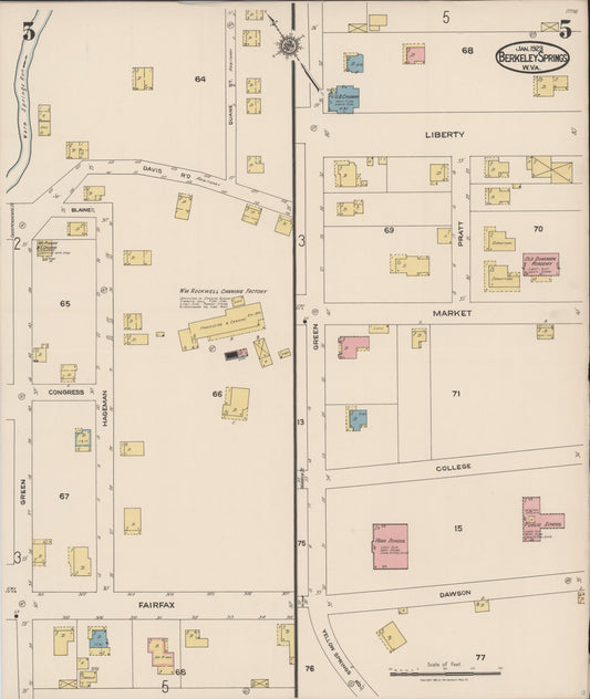 Sanborn Fire Insurance Map from Berkeley Springs, Morgan County, West Virginia (1923), Sheet #0005 - Historic Sanborn Fire Insurance Map Print, vintage old map wall art, antique decor, genealogy gift, West Virginia West Virginia map