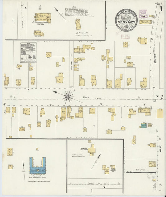 Sanborn Fire Insurance Map from Newtown, Fairfield County, Connecticut (1906), Sheet #0001 - Complete Map Set gallery image, historic Sanborn map, vintage wall art, Connecticut Connecticut