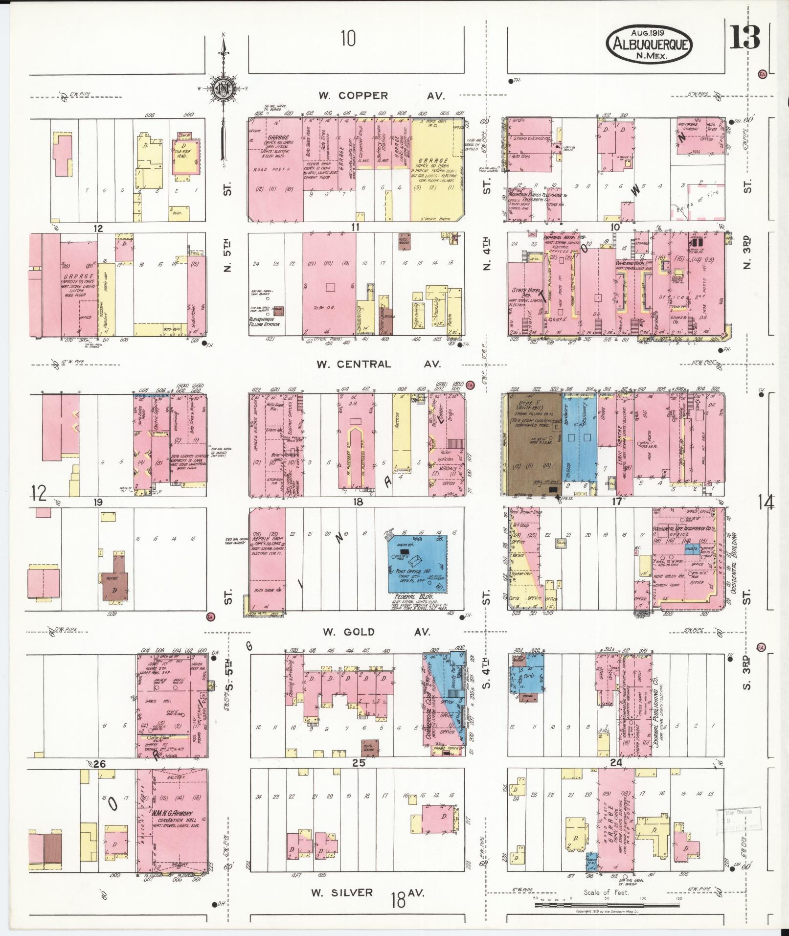 Sanborn Fire Insurance Map from Albuquerque, Bernalillo County, New Mexico (1919), Sheet #0013 - Historic Sanborn Fire Insurance Map Print, vintage old map wall art, antique decor, genealogy gift, New Mexico New Mexico map