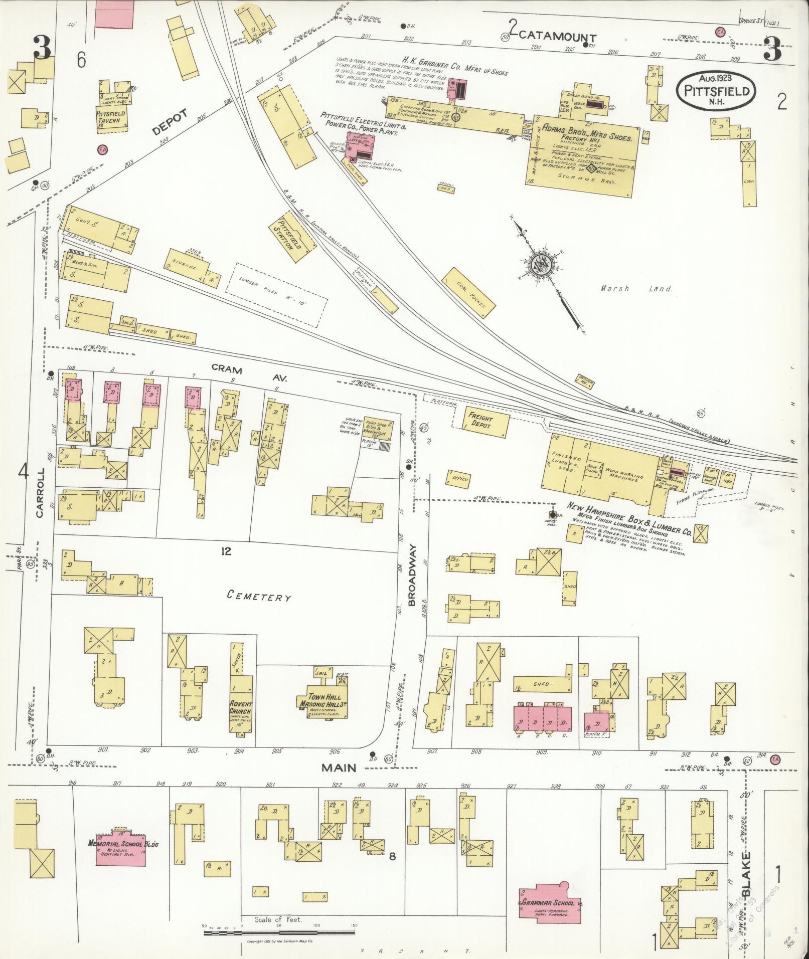 Sanborn Fire Insurance Map from Pittsfield, Merrimack County, New Hampshire (1923), Sheet #0003 - Complete Map Set gallery image, historic Sanborn map, vintage wall art, New Hampshire New Hampshire