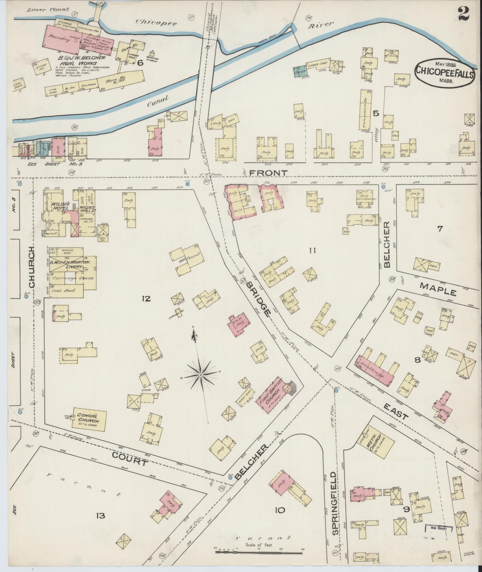 Sanborn Fire Insurance Map from Chicopee Falls, Hampden County, Massachusetts (1885), Sheet #0002 - Historic Sanborn Fire Insurance Map Print, vintage old map wall art, antique decor, genealogy gift, Massachusetts Massachusetts map
