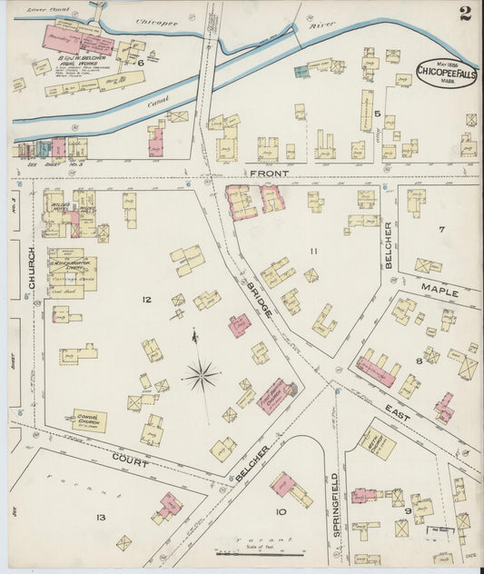 Sanborn Fire Insurance Map from Chicopee Falls, Hampden County, Massachusetts (1885), Sheet #0002 - Historic Sanborn Fire Insurance Map Print, vintage old map wall art, antique decor, genealogy gift, Massachusetts Massachusetts map