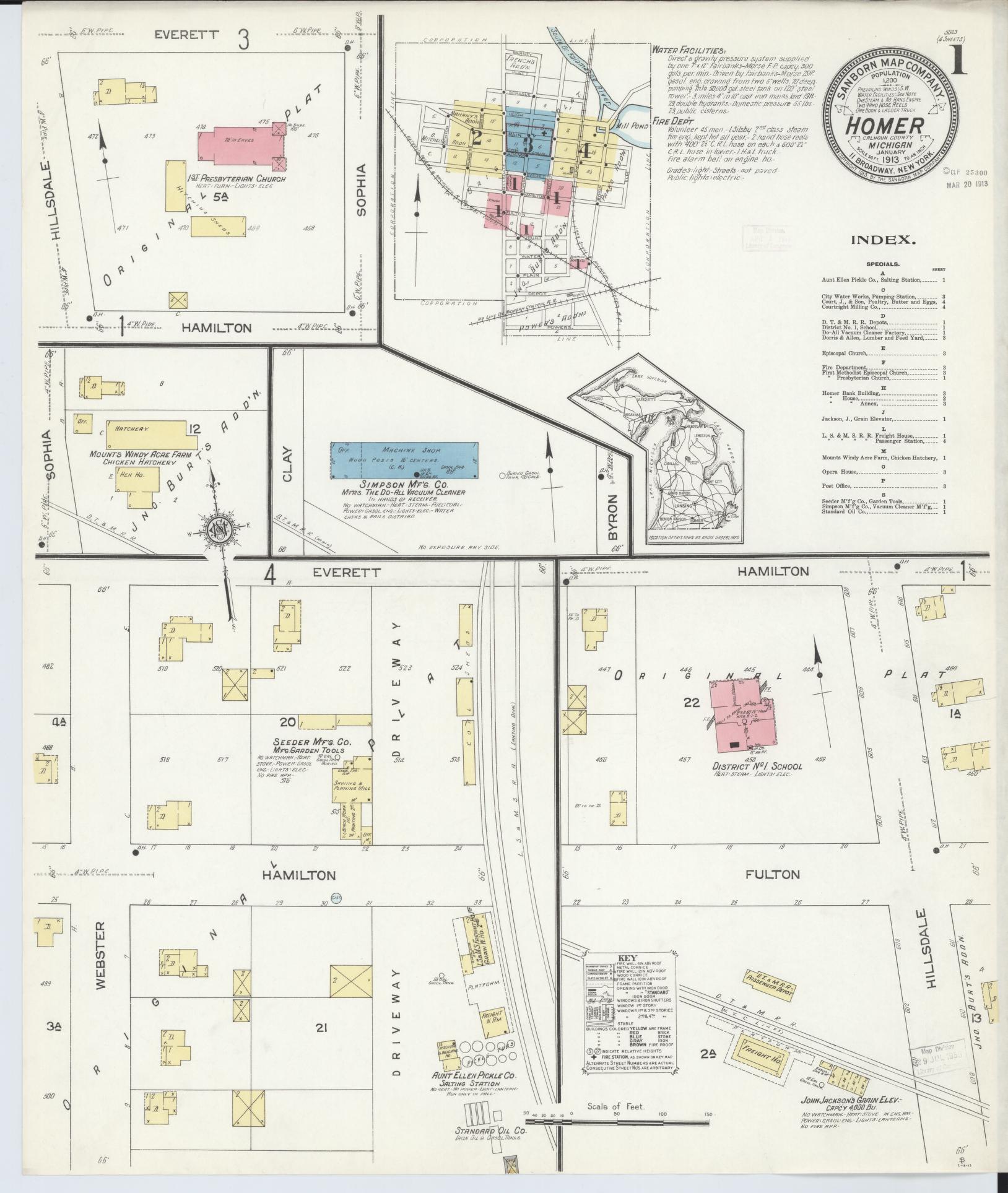Sanborn Fire Insurance Map from Homer, Calhoun County, Michigan (1913), Sheet #0001 - Complete Map Set gallery image, historic Sanborn map, vintage wall art, Michigan Michigan