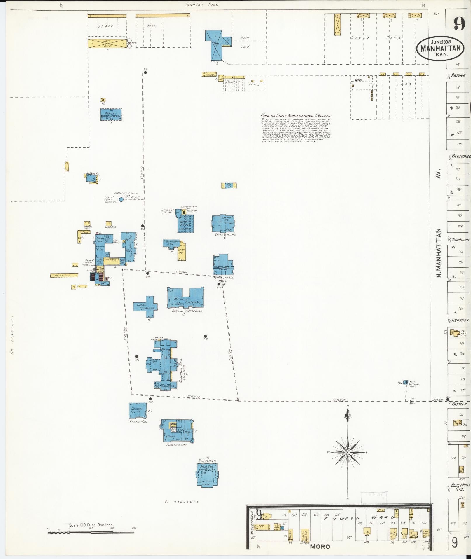 Sanborn Fire Insurance Map from Manhattan, Riley County, Kansas (1905), Sheet #0009 - Historic Sanborn Fire Insurance Map Print, vintage old map wall art, antique decor, genealogy gift, Kansas Kansas map
