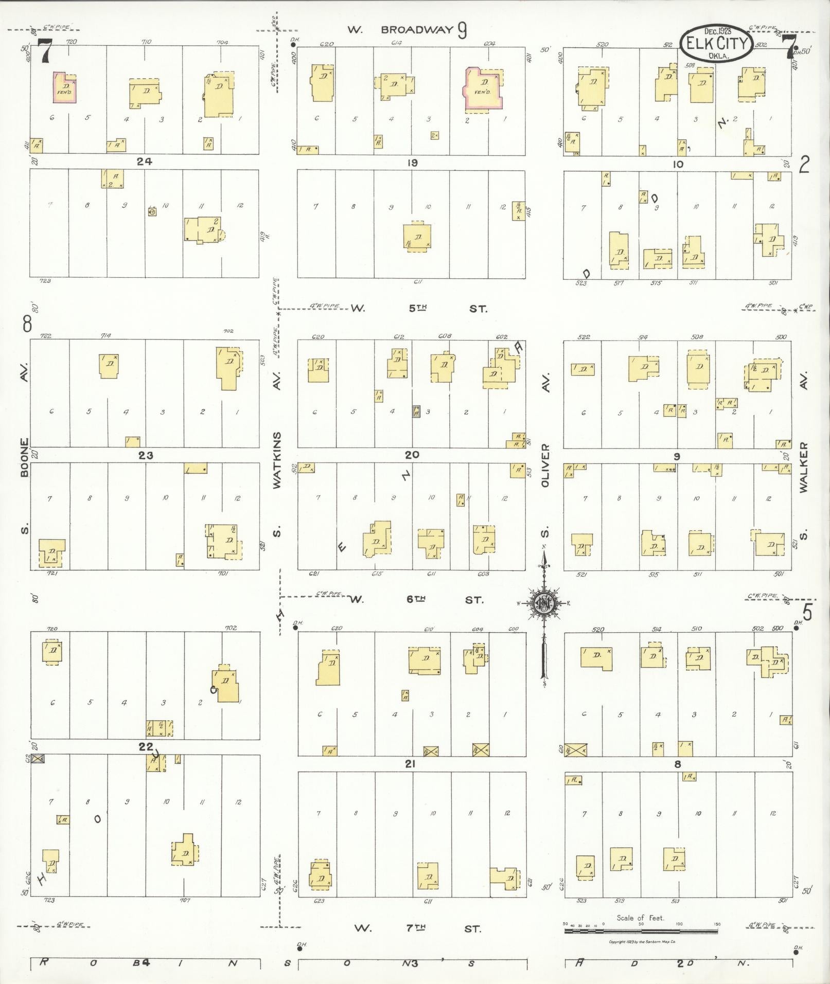 Sanborn Fire Insurance Map from Elk City, Beckham County, Oklahoma (1923), Sheet #0007 - Complete Map Set gallery image, historic Sanborn map, vintage wall art, Oklahoma Oklahoma