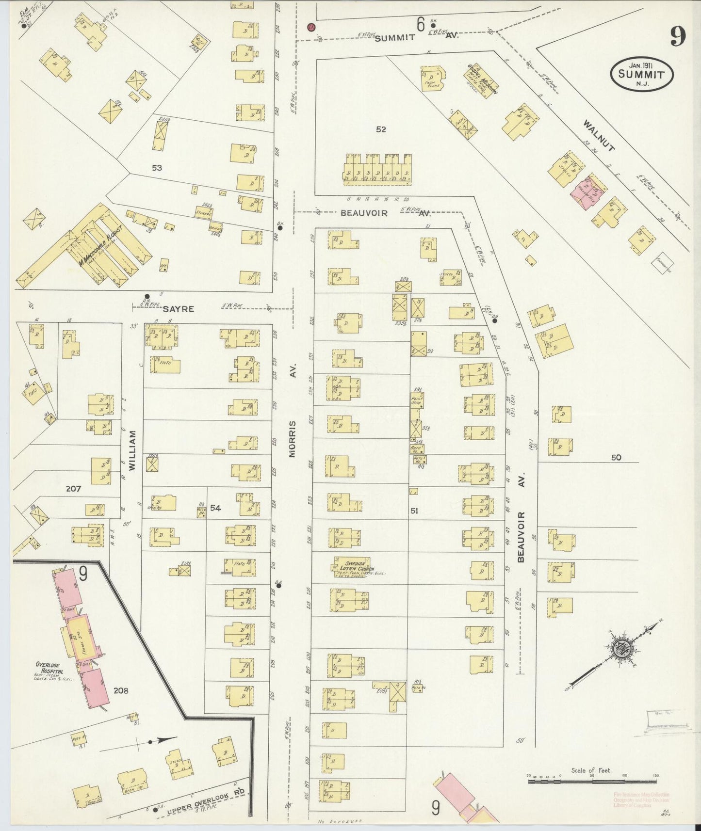 Sanborn Fire Insurance Map from Summit, Union County, New Jersey (1911), Sheet #0009 - Complete Map Set gallery image, historic Sanborn map, vintage wall art, New Jersey New Jersey