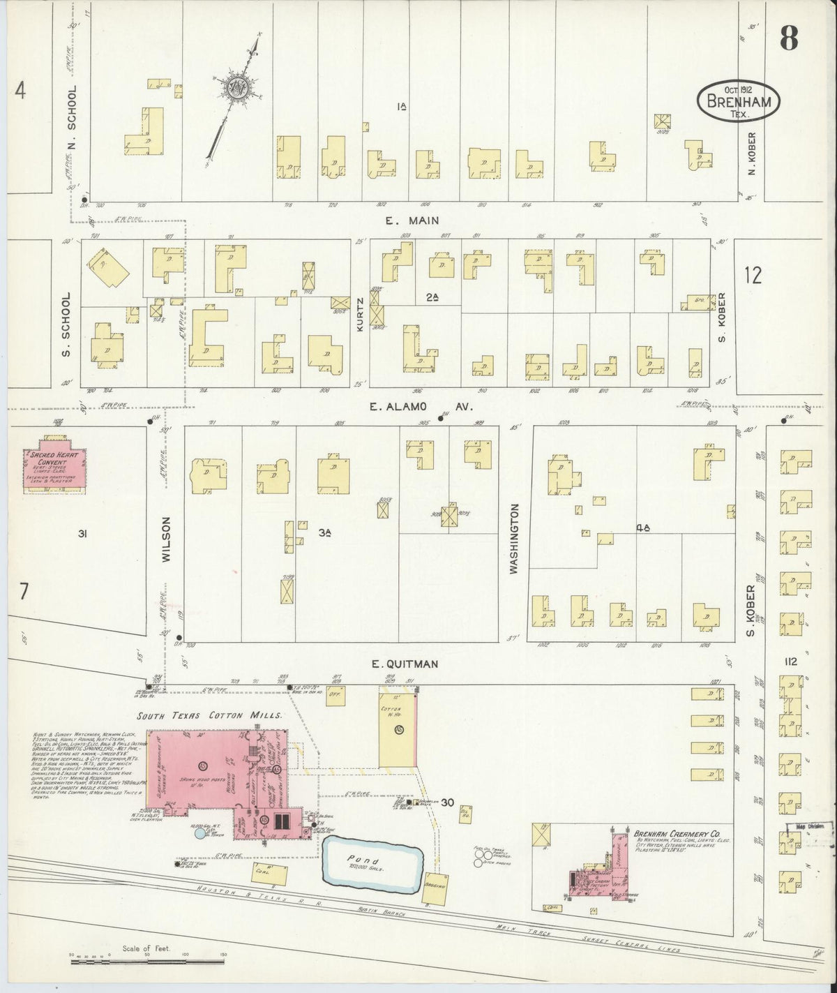Sanborn Fire Insurance Map from Brenham, Washington County, Texas (1912), Sheet #0008 - Complete Map Set gallery image, historic Sanborn map, vintage wall art, Texas Texas