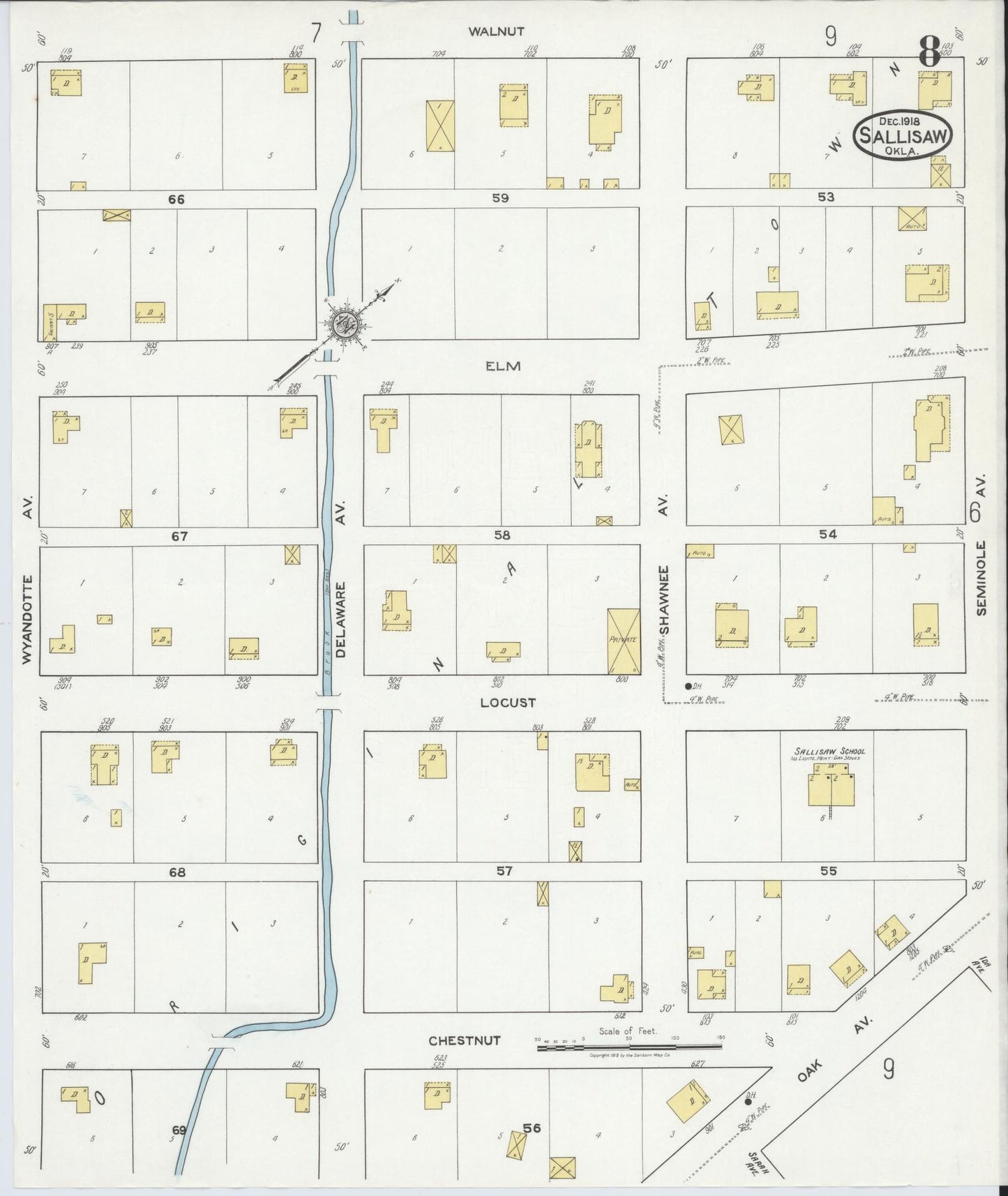 Sanborn Fire Insurance Map from Sallisaw, Sequoyah County, Oklahoma (1918), Sheet #0008 - Complete Map Set gallery image, historic Sanborn map, vintage wall art, Oklahoma Oklahoma