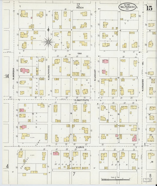 Sanborn Fire Insurance Map from Valparaiso, Porter County, Indiana (1905), Sheet #0015 - Historic Sanborn Fire Insurance Map Print, vintage old map wall art, antique decor, genealogy gift, Indiana Indiana map