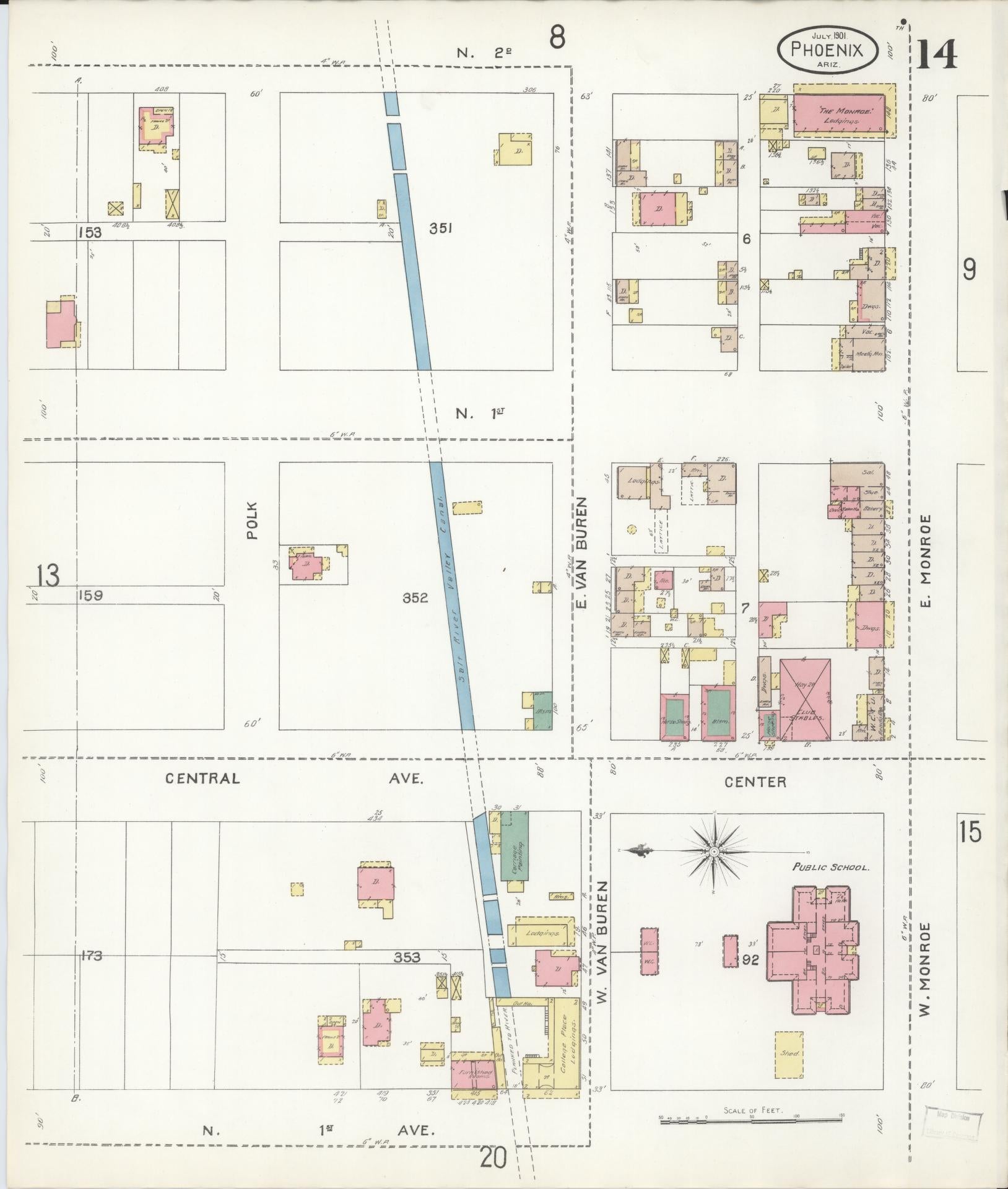Sanborn Fire Insurance Map from Phoenix, Maricopa County, Arizona (1901), Sheet #0014 - Complete Map Set gallery image, historic Sanborn map, vintage wall art, Arizona Arizona