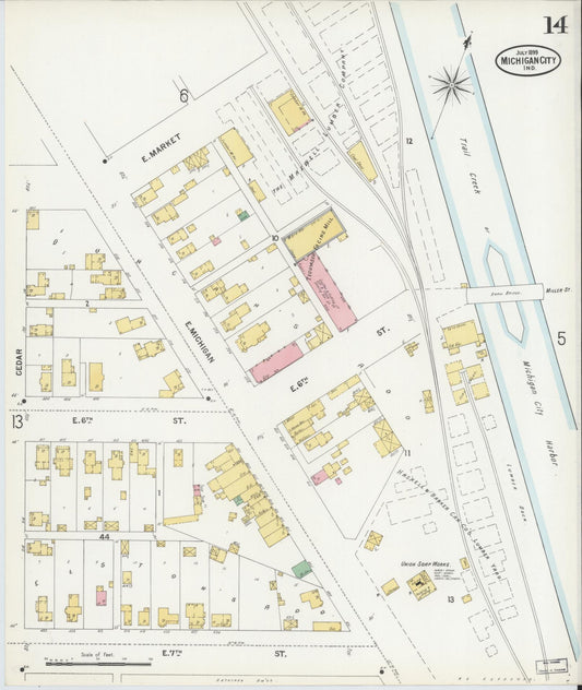 Sanborn Fire Insurance Map from Michigan City, La Porte County, Indiana (1899), Sheet #0014 - Historic Sanborn Fire Insurance Map Print, vintage old map wall art, antique decor, genealogy gift, Michigan Michigan map