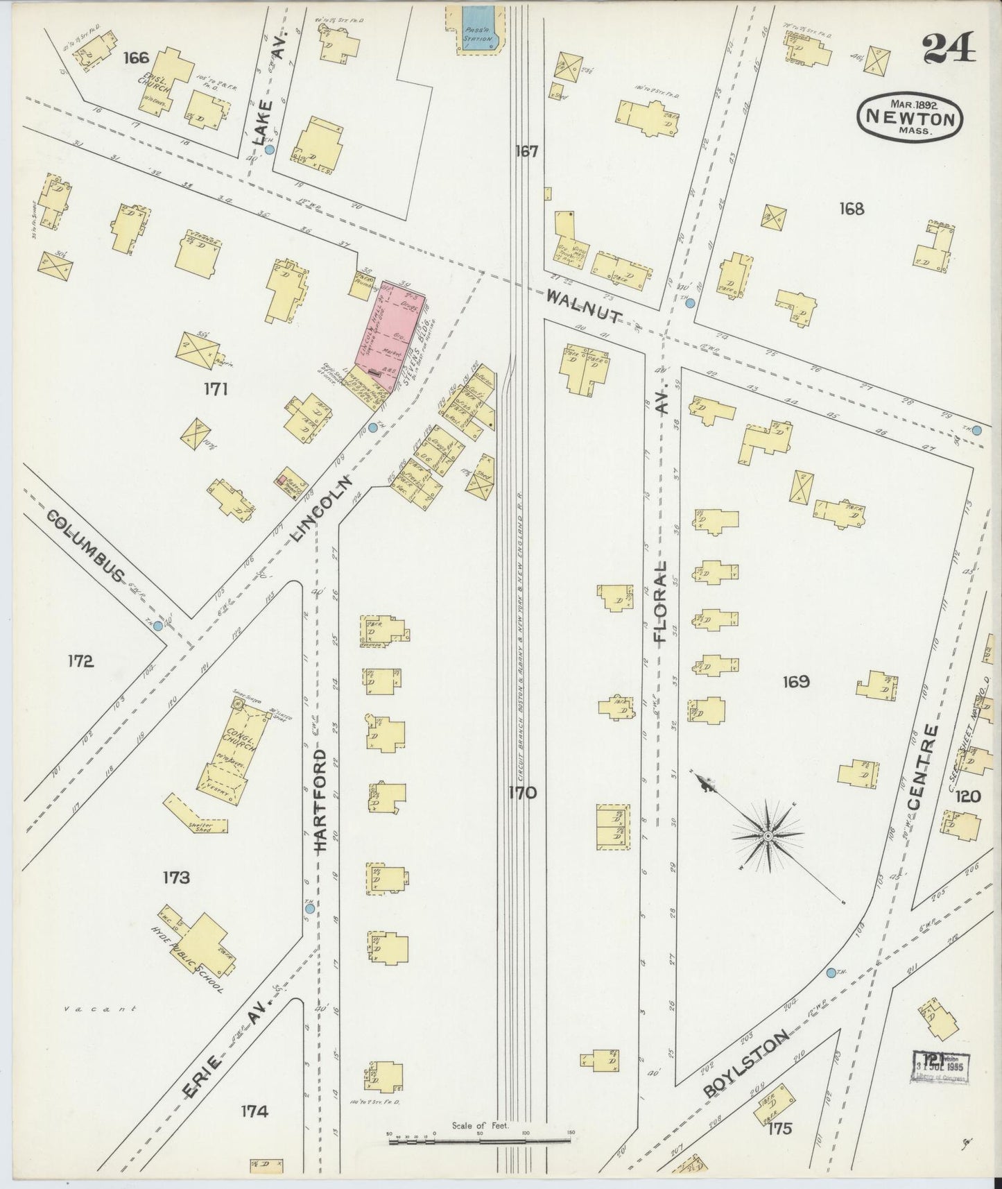 Sanborn Fire Insurance Map from Newton, Middlesex County, Massachusetts (1892), Sheet #0024 - Historic Sanborn Fire Insurance Map Print, vintage old map wall art, antique decor, genealogy gift, Massachusetts Massachusetts map
