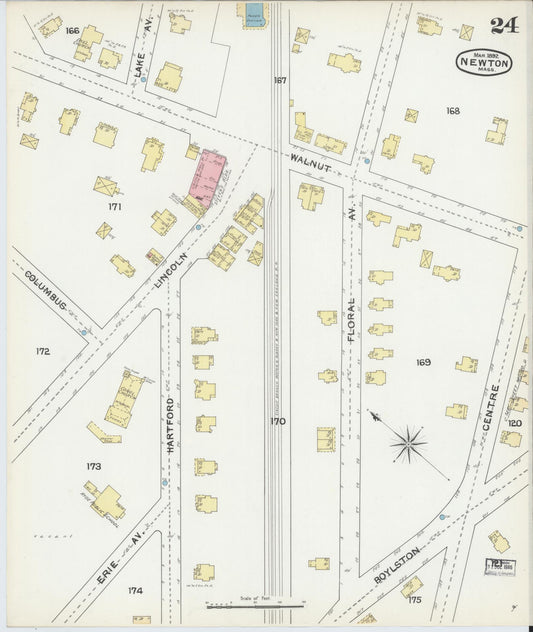 Sanborn Fire Insurance Map from Newton, Middlesex County, Massachusetts (1892), Sheet #0024 - Historic Sanborn Fire Insurance Map Print, vintage old map wall art, antique decor, genealogy gift, Massachusetts Massachusetts map