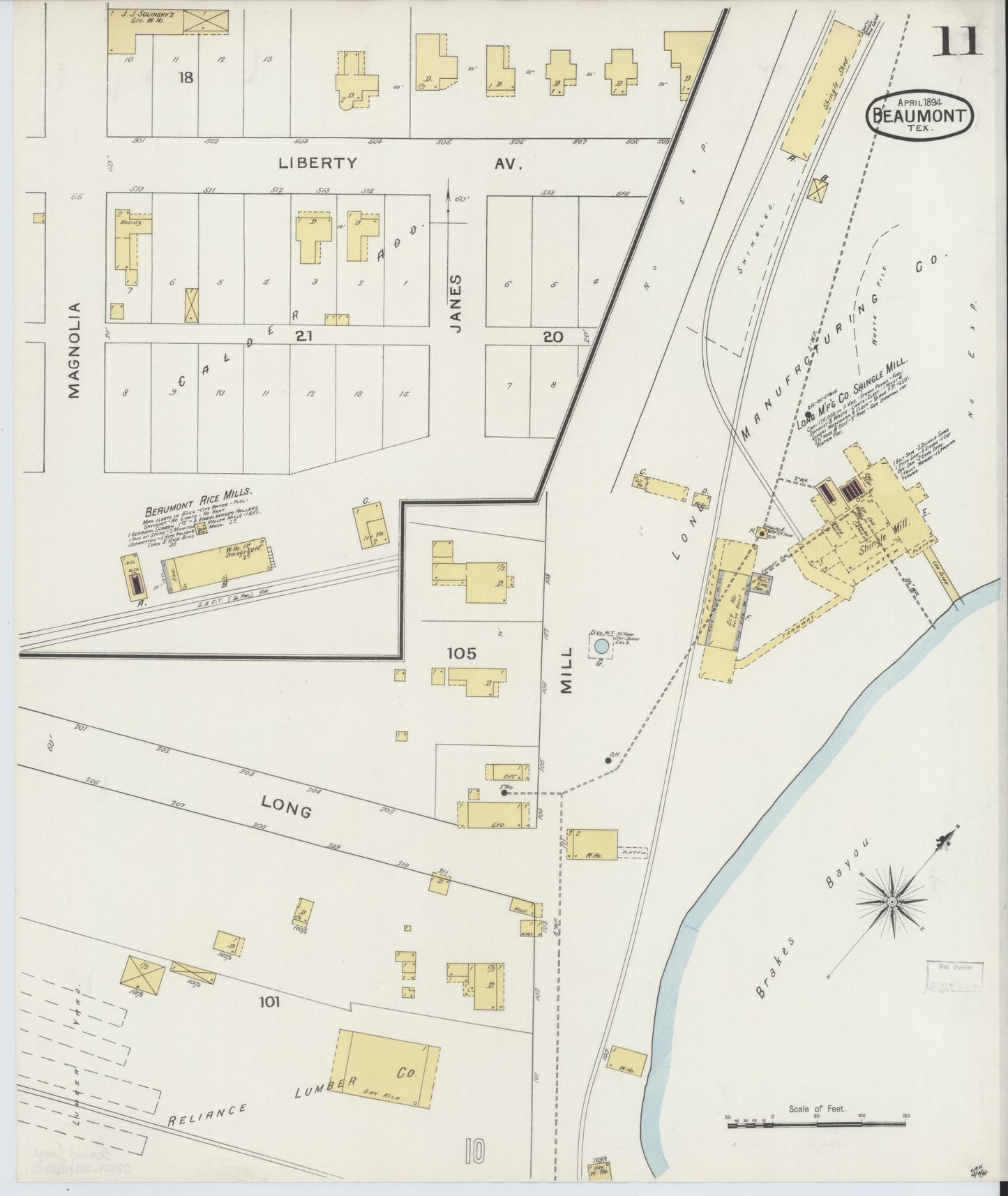 Sanborn Fire Insurance Map from Beaumont, Jefferson County, Texas (1894), Sheet #0011 - Complete Map Set gallery image, historic Sanborn map, vintage wall art, Texas Texas