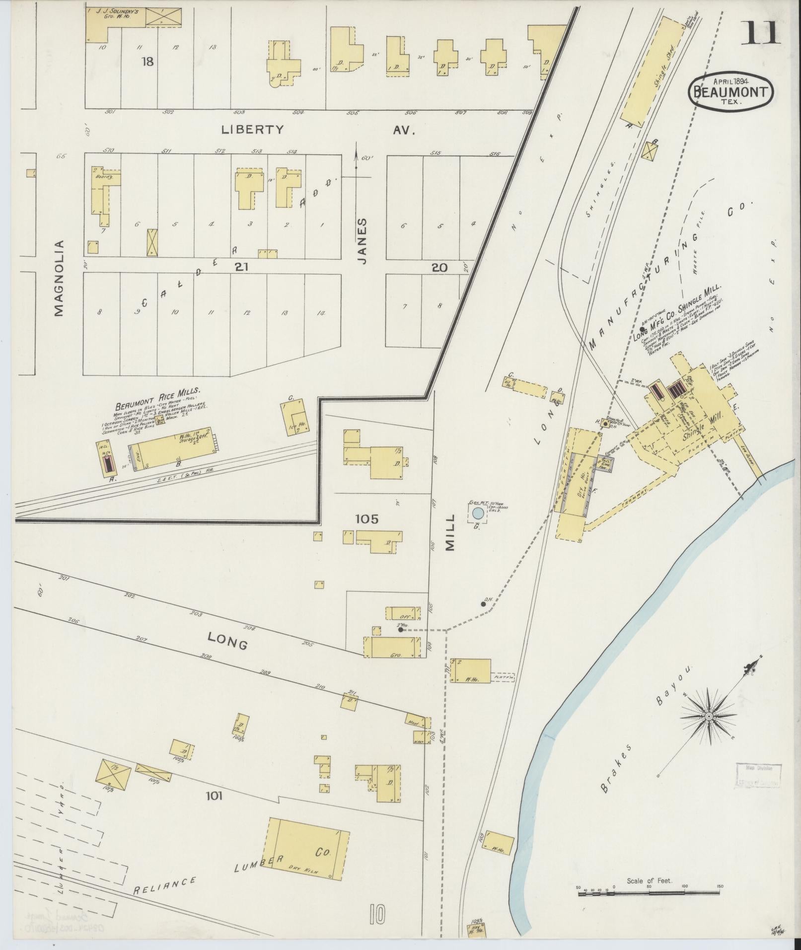 Sanborn Fire Insurance Map from Beaumont, Jefferson County, Texas (1894), Sheet #0011 - Complete Map Set gallery image, historic Sanborn map, vintage wall art, Texas Texas