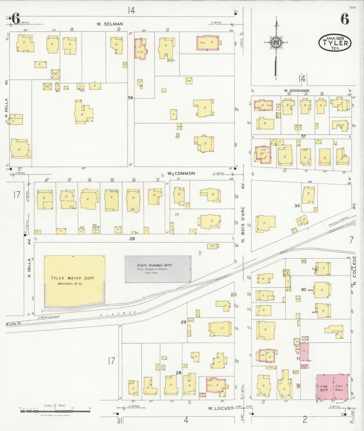 Sanborn Fire Insurance Map from Tyler, Smith County, Texas (1928), Sheet #0006 - Complete Map Set gallery image, historic Sanborn map, vintage wall art, Texas Texas