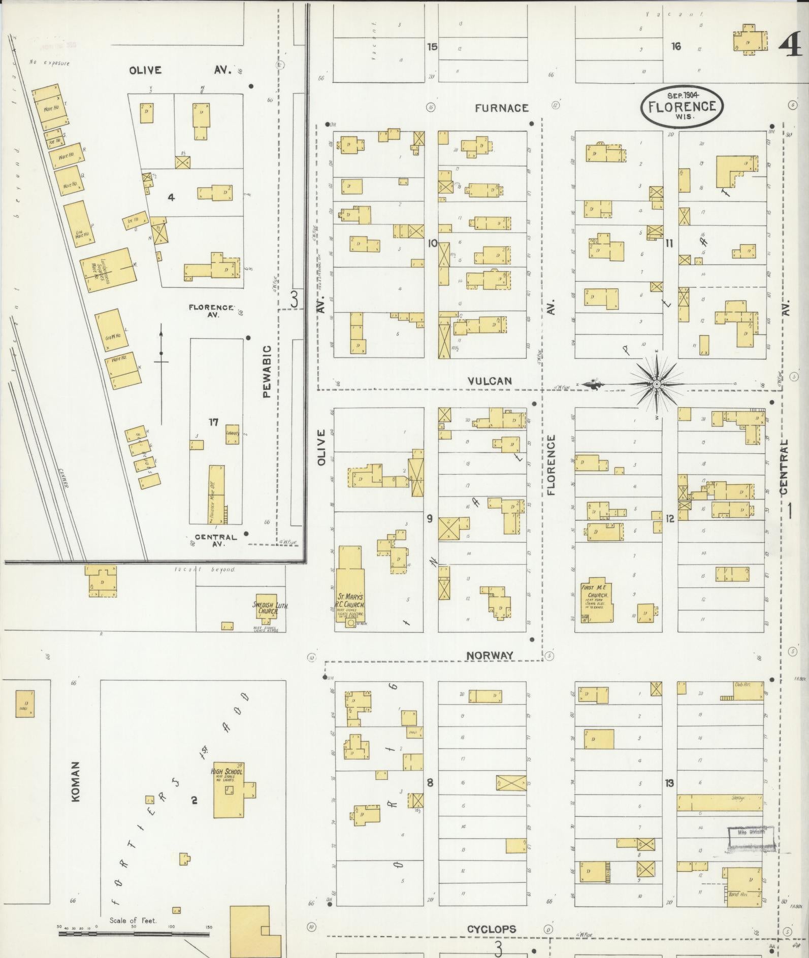 Sanborn Fire Insurance Map from Florence, Florence County, Wisconsin (1904), Sheet #0004 - Historic Sanborn Fire Insurance Map Print, vintage old map wall art, antique decor, genealogy gift, Wisconsin Wisconsin map