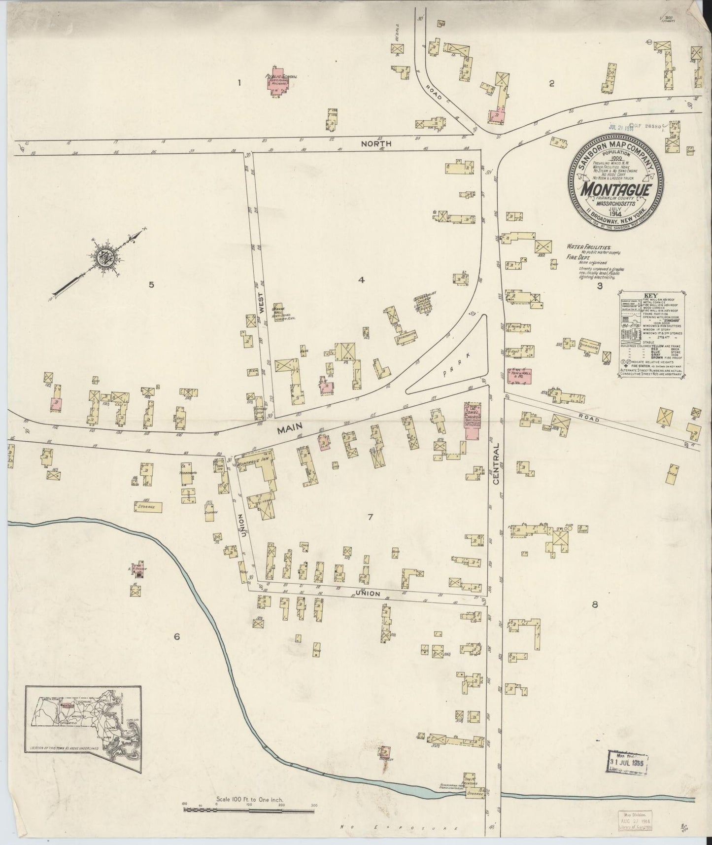 Sanborn Fire Insurance Map from Montague, Franklin County, Massachusetts (1914), Sheet #0001 - Historic Sanborn Fire Insurance Map Print, vintage old map wall art, antique decor, genealogy gift, Massachusetts Massachusetts map