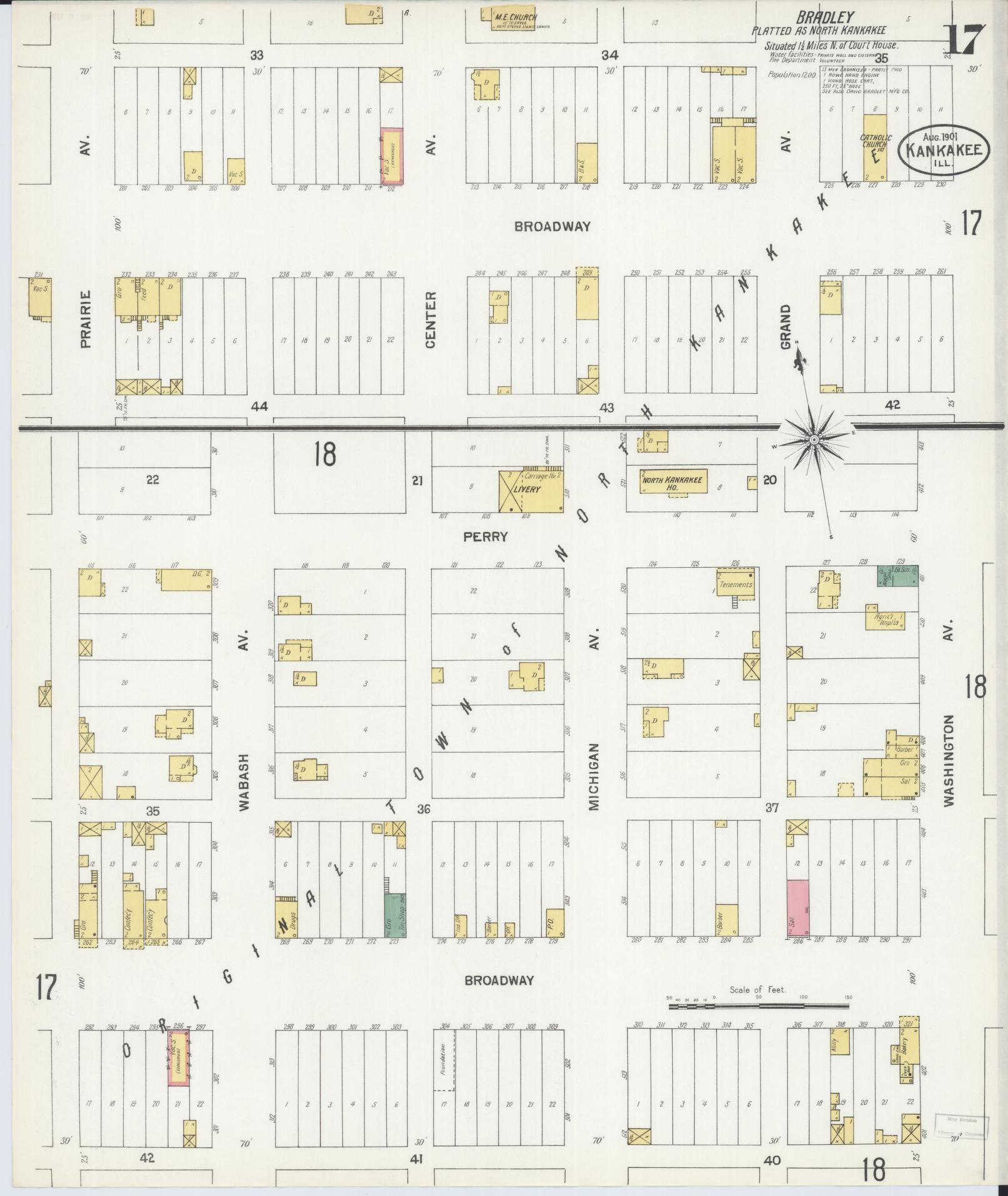 Sanborn Fire Insurance Map from Kankakee, Kankakee County, Illinois (1901), Sheet #0017 - Historic Sanborn Fire Insurance Map Print, vintage old map wall art, antique decor, genealogy gift, Illinois Illinois map
