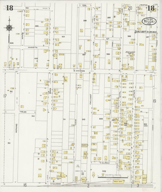 Sanborn Fire Insurance Map from Biloxi, Harrison County, Mississippi (1925), Sheet #0018 - Historic Sanborn Fire Insurance Map Print, vintage old map wall art, antique decor, genealogy gift, Mississippi Mississippi map