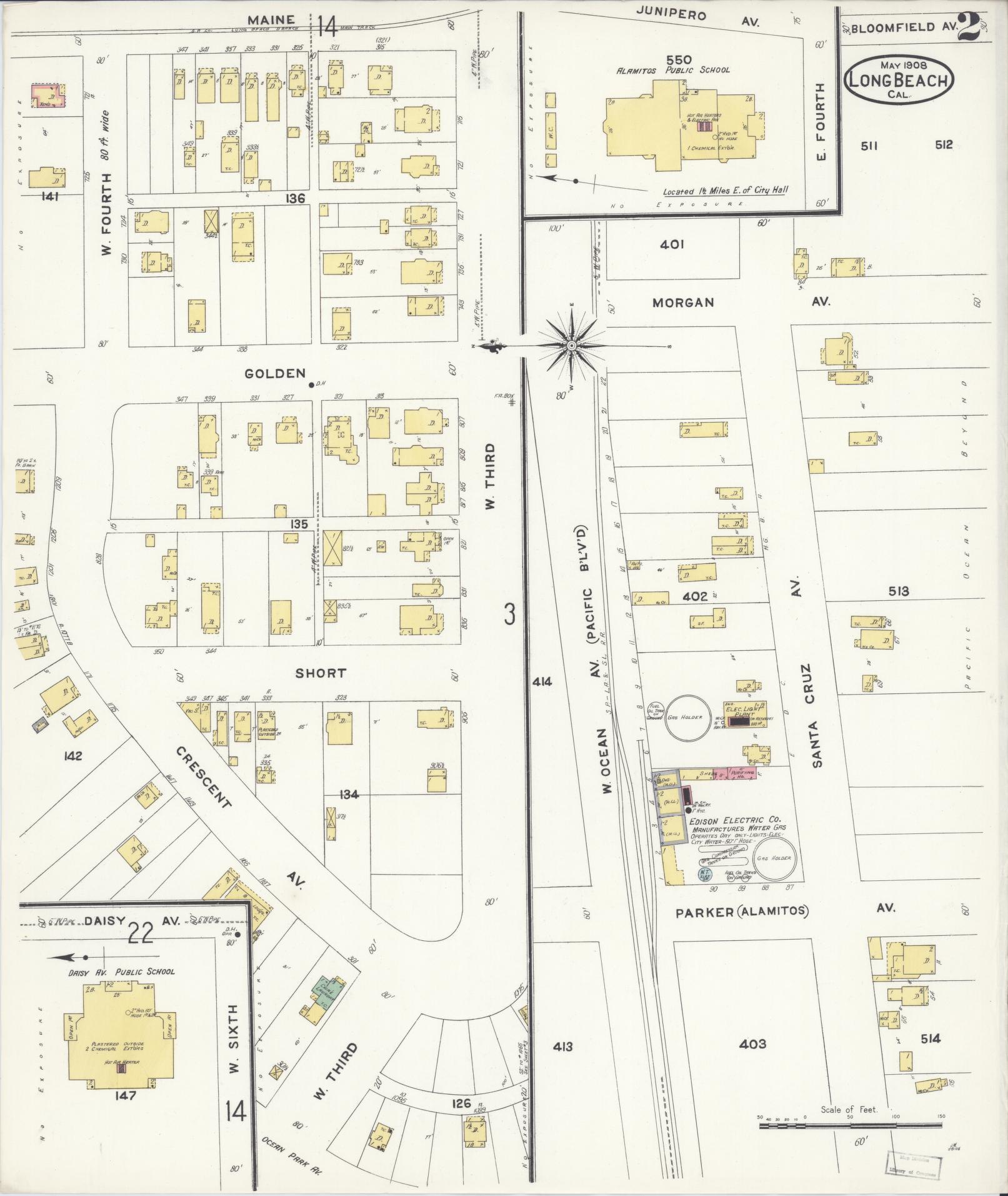 Sanborn Fire Insurance Map from Long Beach, Los Angeles County, California (1908), Sheet #0002 - Historic Sanborn Fire Insurance Map Print, vintage old map wall art, antique decor, genealogy gift, California California map