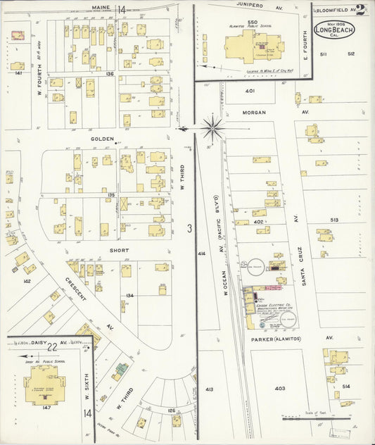 Sanborn Fire Insurance Map from Long Beach, Los Angeles County, California (1908), Sheet #0002 - Historic Sanborn Fire Insurance Map Print, vintage old map wall art, antique decor, genealogy gift, California California map