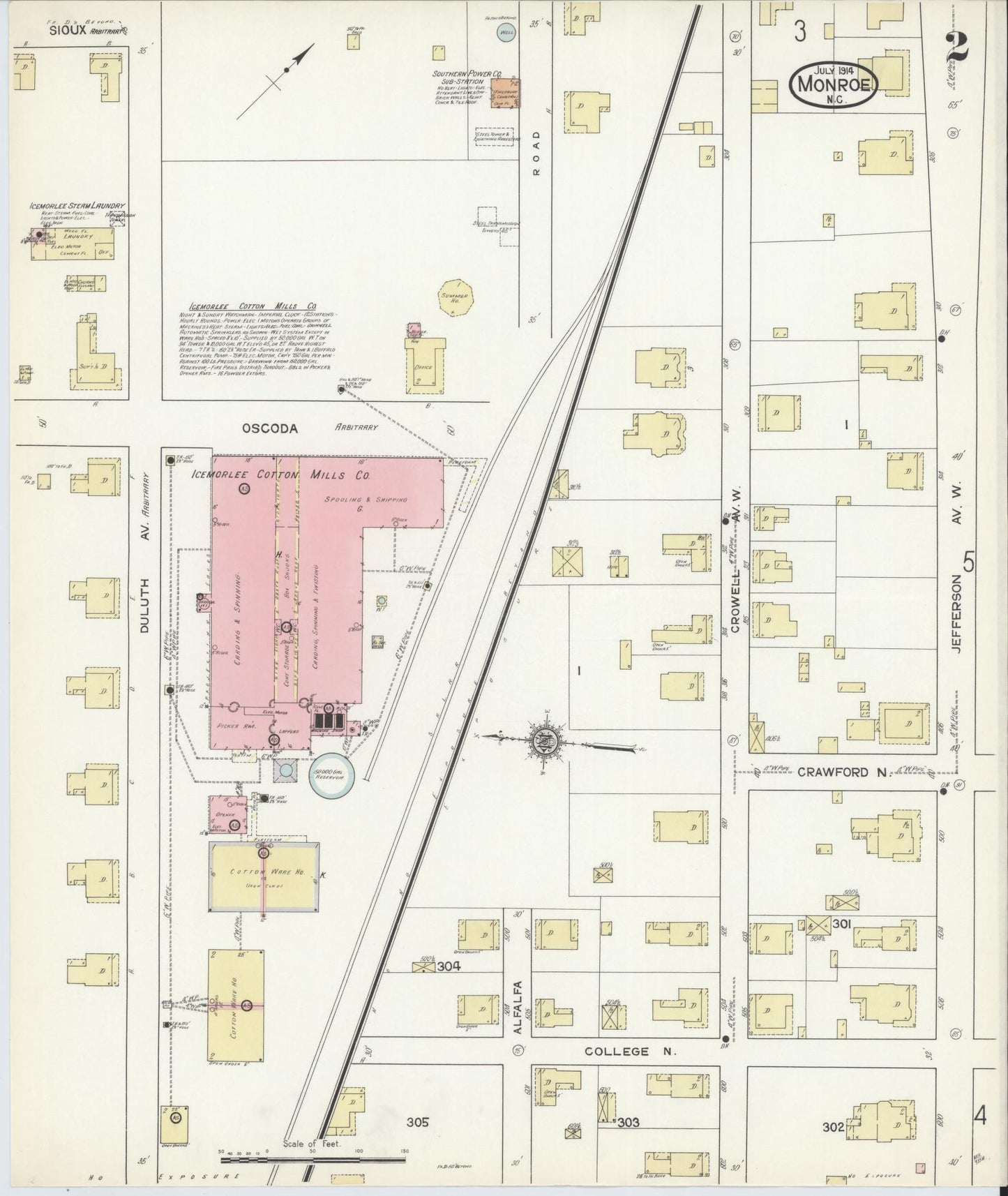 Sanborn Fire Insurance Map from Monroe, Union County, North Carolina (1914), Sheet #0002 - Complete Map Set gallery image, historic Sanborn map, vintage wall art, North Carolina North Carolina