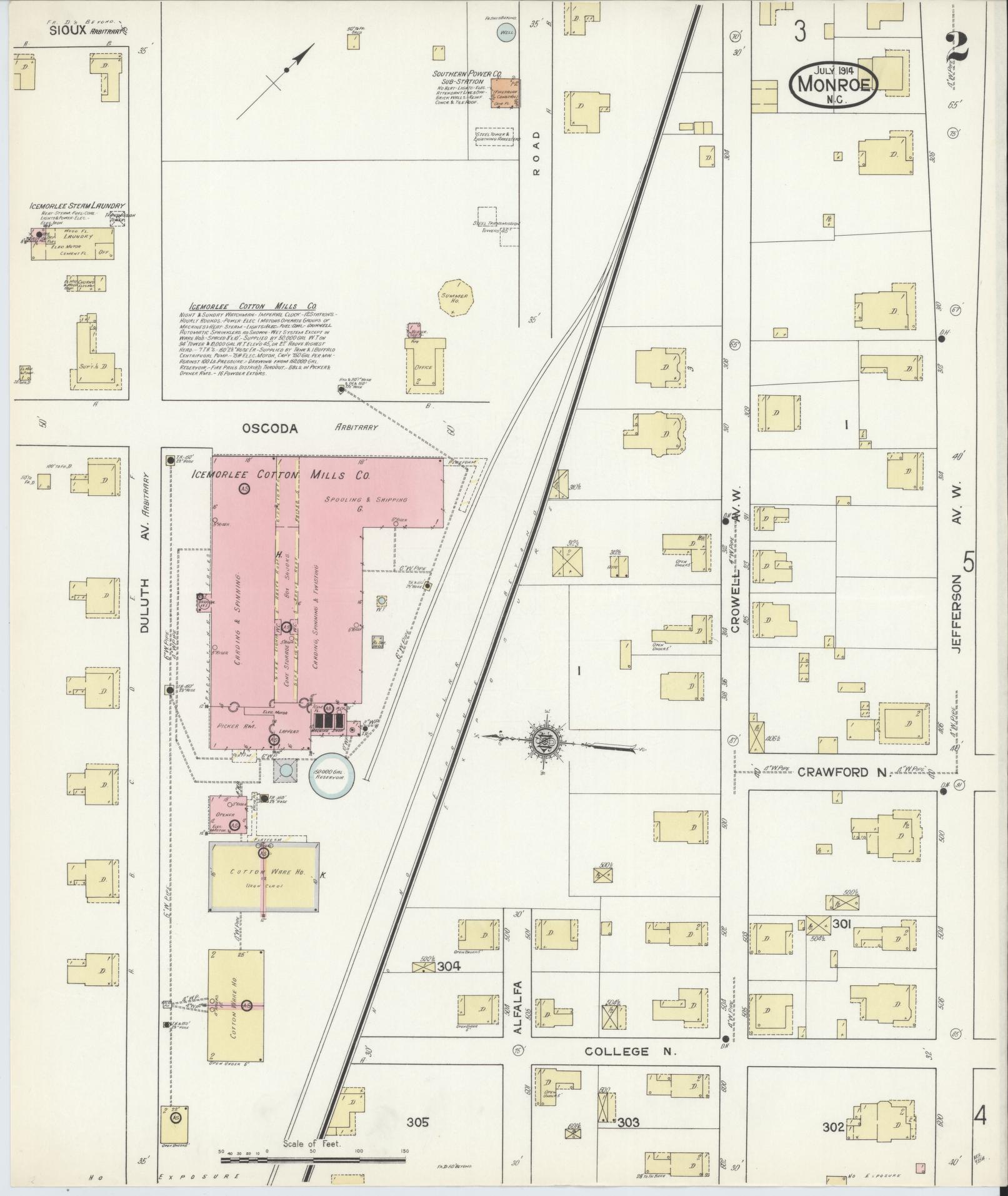 Sanborn Fire Insurance Map from Monroe, Union County, North Carolina (1914), Sheet #0002 - Complete Map Set gallery image, historic Sanborn map, vintage wall art, North Carolina North Carolina