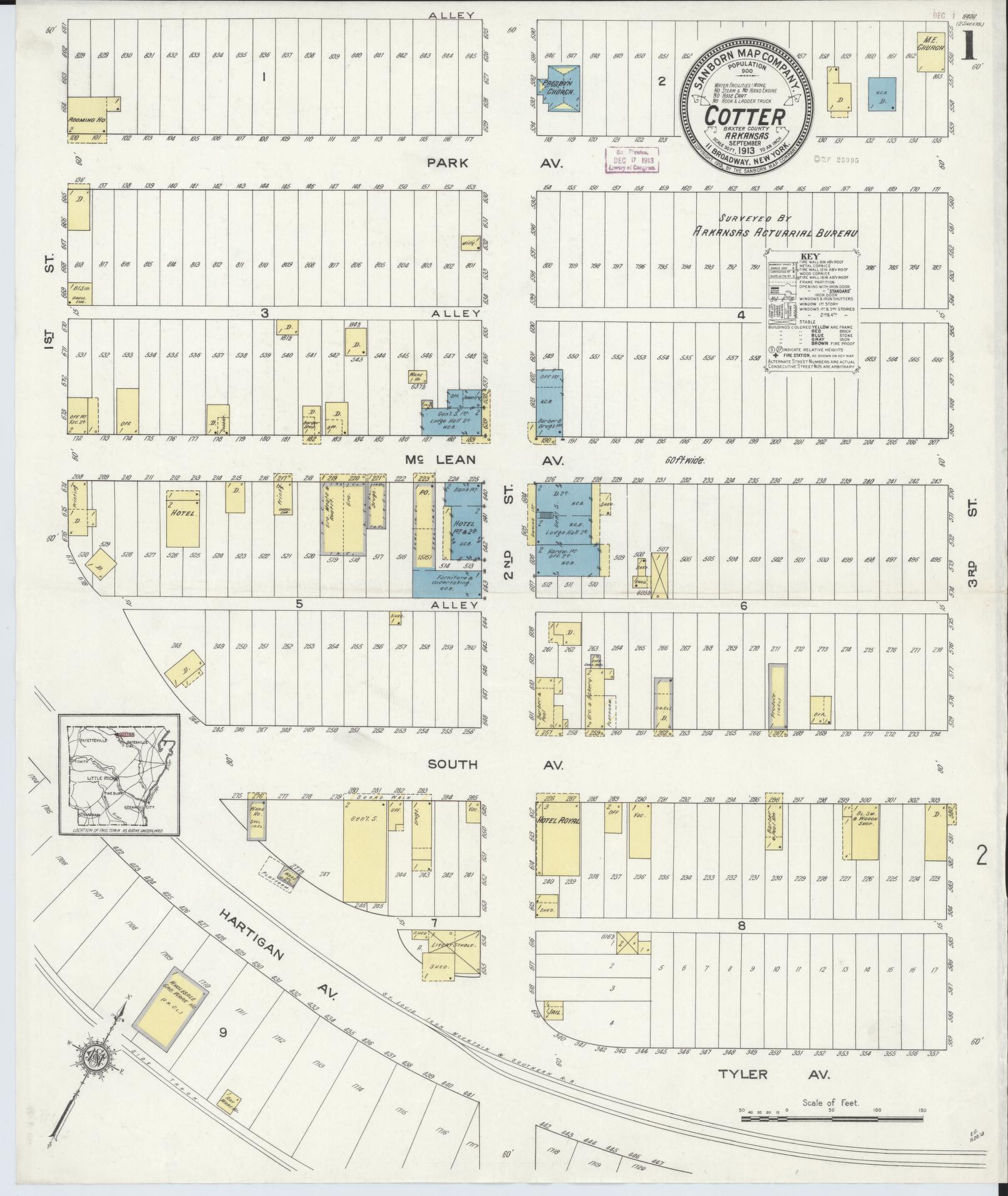 Sanborn Fire Insurance Map from Cotter, Baxter County, Arkansas (1913), Sheet #0001 - Historic Sanborn Fire Insurance Map Print, vintage old map wall art, antique decor, genealogy gift, Arkansas Arkansas map