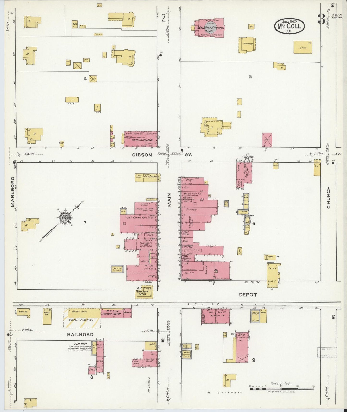 Sanborn Fire Insurance Map from McColl, Marlboro County, South Carolina (1920), Sheet #0003 - Complete Map Set gallery image, historic Sanborn map, vintage wall art, South Carolina South Carolina