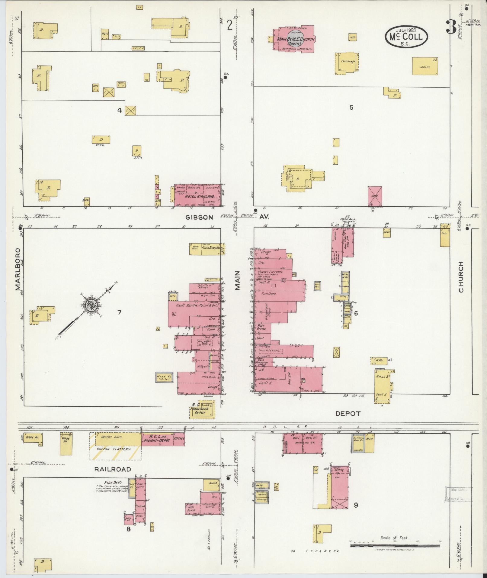 Sanborn Fire Insurance Map from McColl, Marlboro County, South Carolina (1920), Sheet #0003 - Complete Map Set gallery image, historic Sanborn map, vintage wall art, South Carolina South Carolina