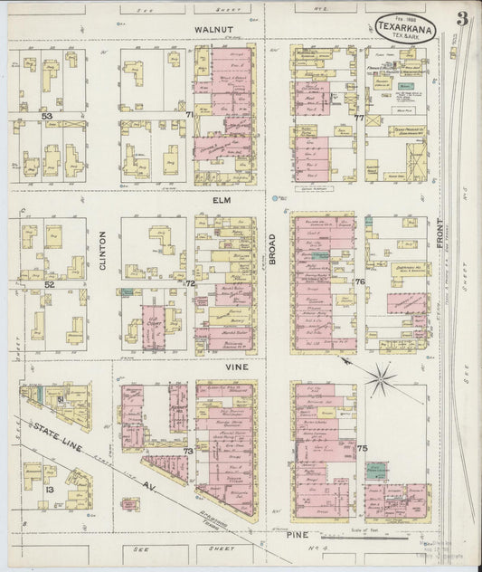 Sanborn Fire Insurance Map from Texarkana, Bowie County, Texas (1888), Sheet #0003 - Historic Sanborn Fire Insurance Map Print, vintage old map wall art, antique decor, genealogy gift, Texas Texas map