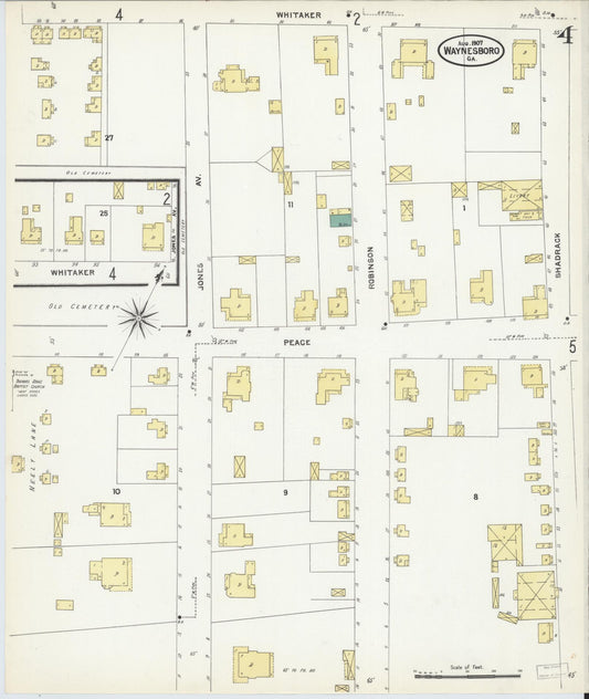 Sanborn Fire Insurance Map from Waynesboro, Burke County, Georgia (1907), Sheet #0004 - Historic Sanborn Fire Insurance Map Print, vintage old map wall art, antique decor, genealogy gift, Georgia Georgia map
