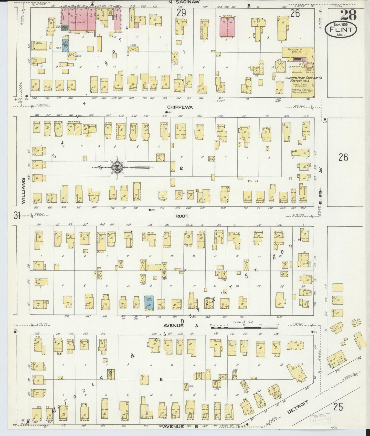 Sanborn Fire Insurance Map from Flint, Genesee County, Michigan (1909), Sheet #0028 - Historic Sanborn Fire Insurance Map Print, vintage old map wall art, antique decor, genealogy gift, Michigan Michigan map