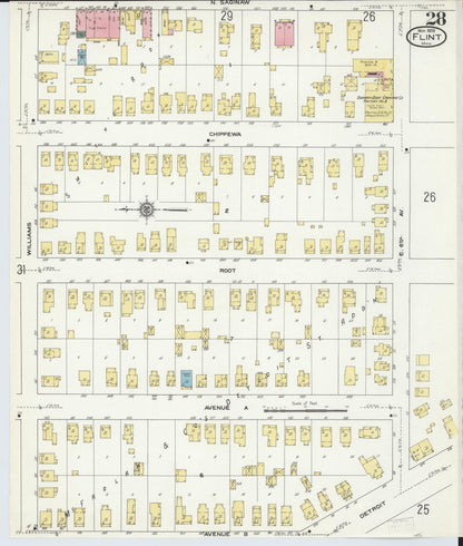 Sanborn Fire Insurance Map from Flint, Genesee County, Michigan (1909), Sheet #0028 - Historic Sanborn Fire Insurance Map Print, vintage old map wall art, antique decor, genealogy gift, Michigan Michigan map