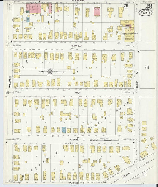 Sanborn Fire Insurance Map from Flint, Genesee County, Michigan (1909), Sheet #0028 - Historic Sanborn Fire Insurance Map Print, vintage old map wall art, antique decor, genealogy gift, Michigan Michigan map