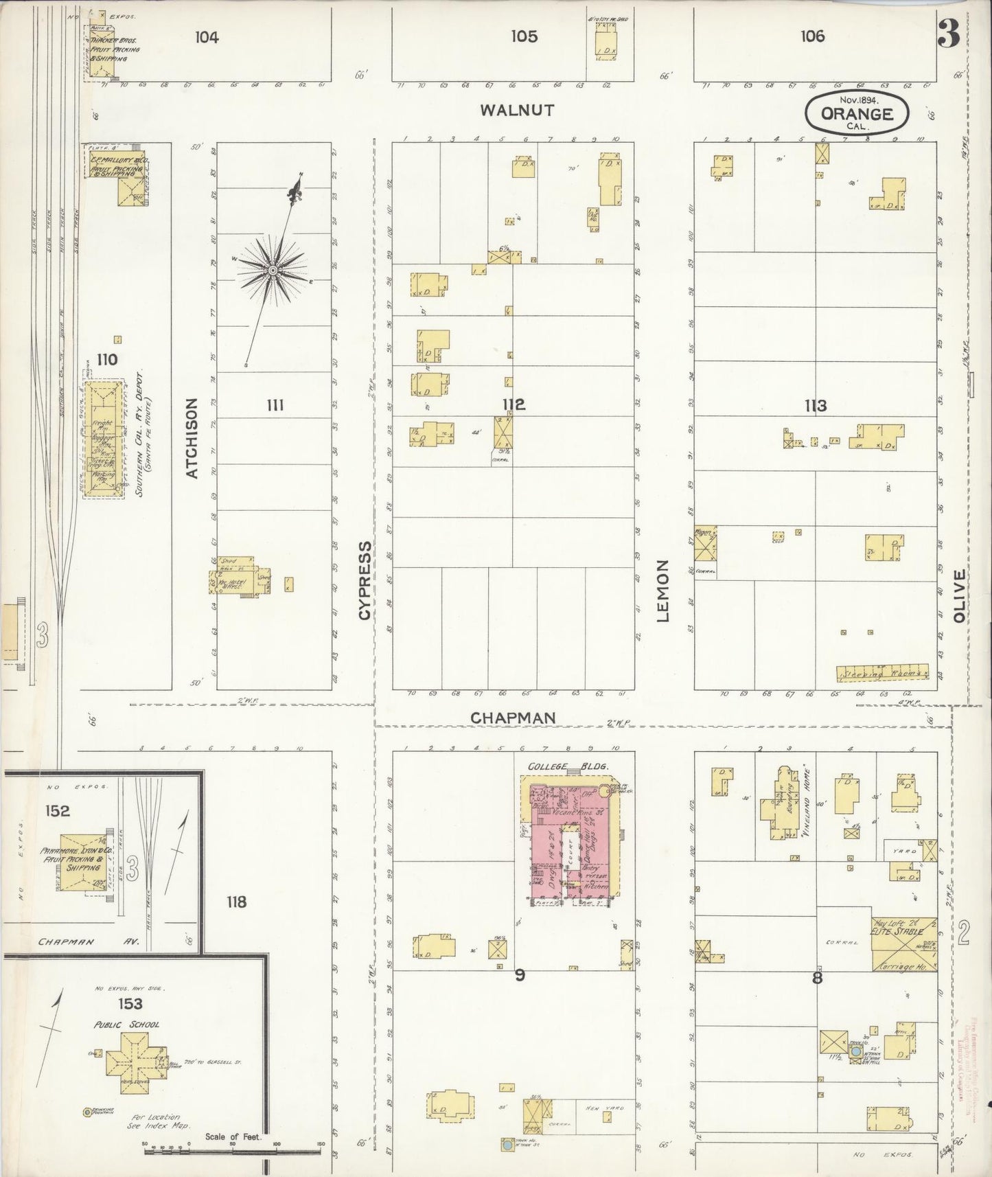 Sanborn Fire Insurance Map from Orange, Orange County, California (1894), Sheet #0003 - Complete Map Set gallery image, historic Sanborn map, vintage wall art, California California
