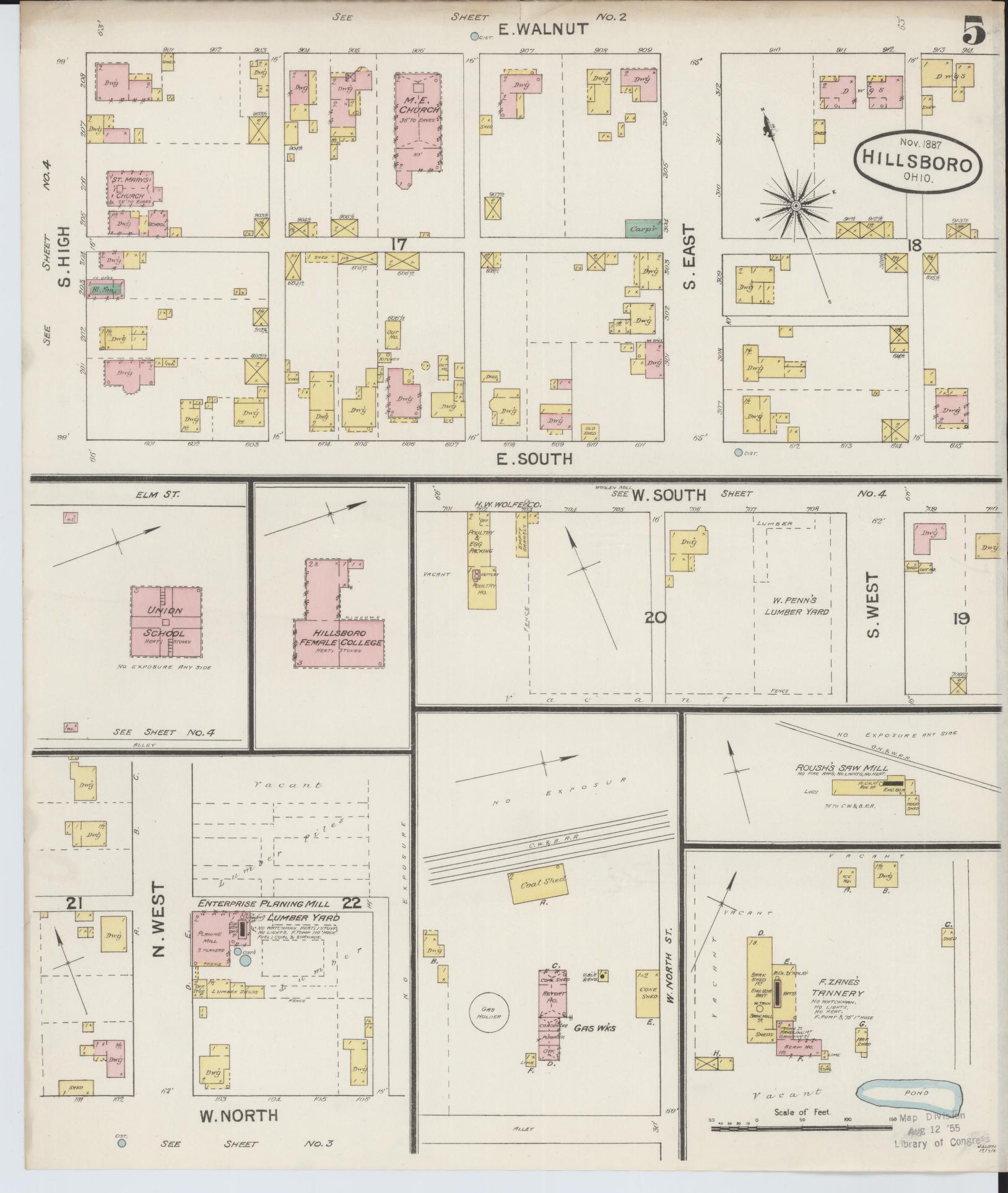 Sanborn Fire Insurance Map from Hillsboro, Highland County, Ohio (1887), Sheet #0005 - Complete Map Set gallery image, historic Sanborn map, vintage wall art, Ohio Ohio
