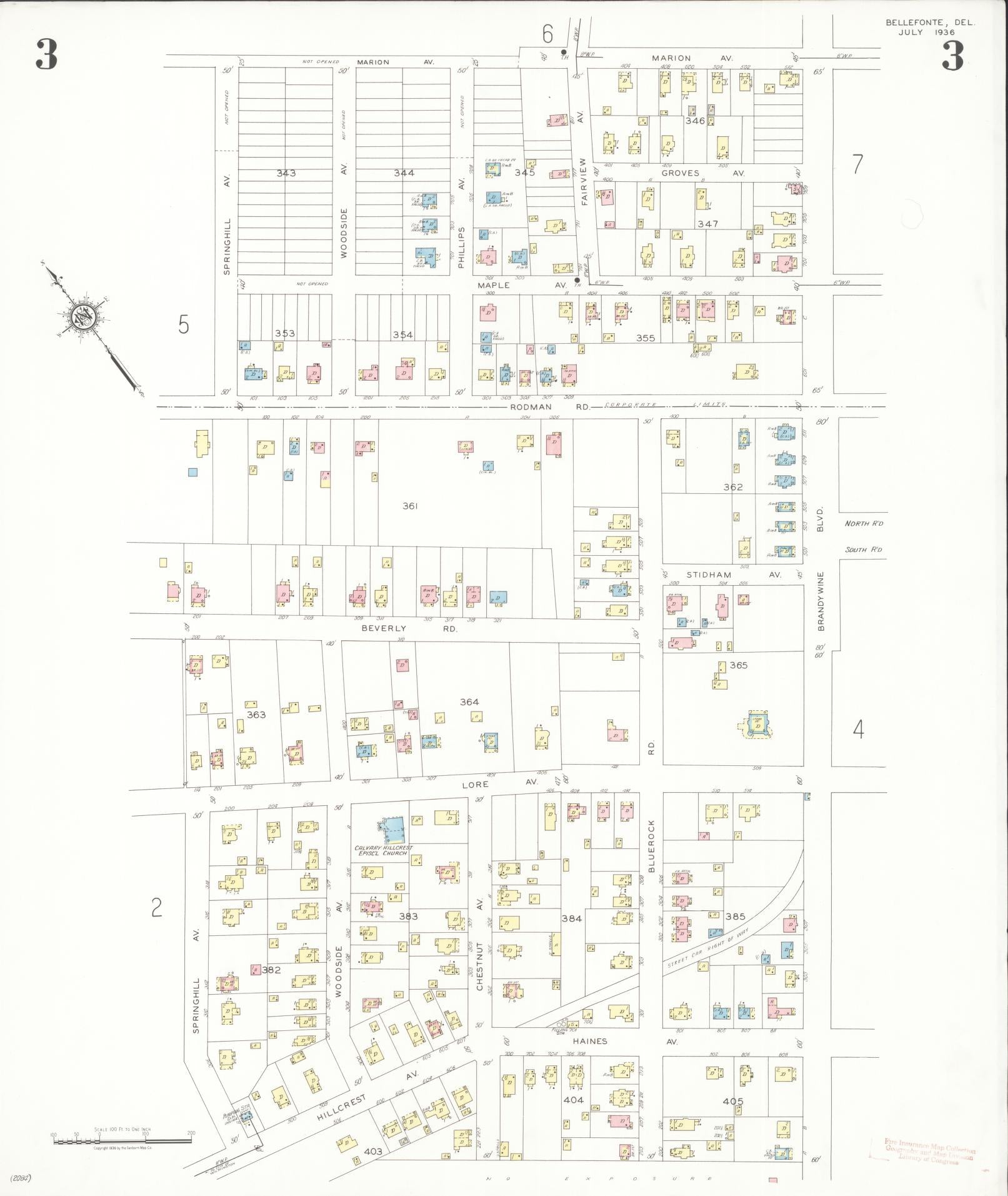 Sanborn Fire Insurance Map from Bellefonte, New Castle County, Delaware (1936), Sheet #0003 - Complete Map Set gallery image, historic Sanborn map, vintage wall art, Delaware Delaware