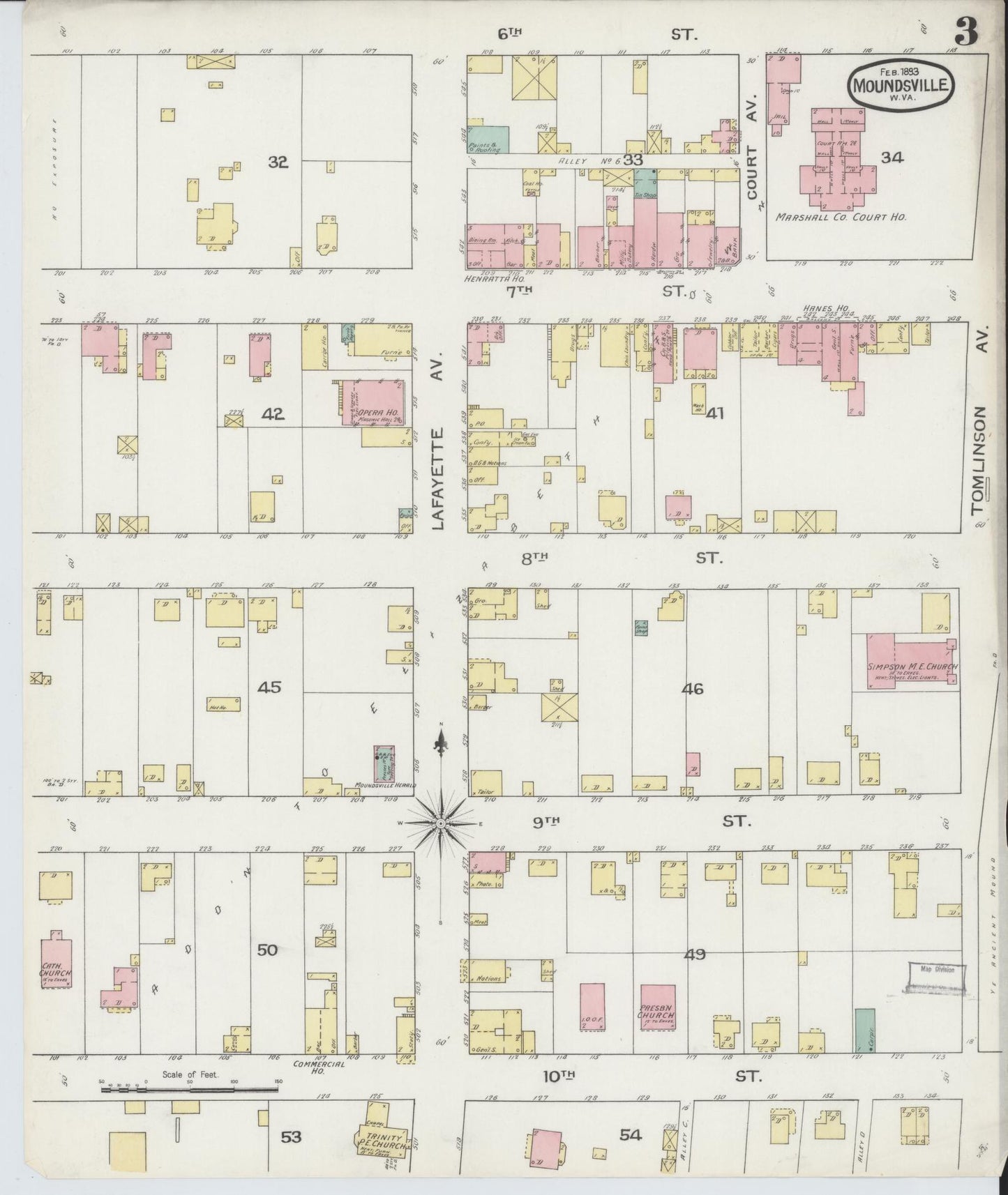 Sanborn Fire Insurance Map from Moundsville, Marshall County, West Virginia (1893), Sheet #0003 - Historic Sanborn Fire Insurance Map Print, vintage old map wall art, antique decor, genealogy gift, West Virginia West Virginia map