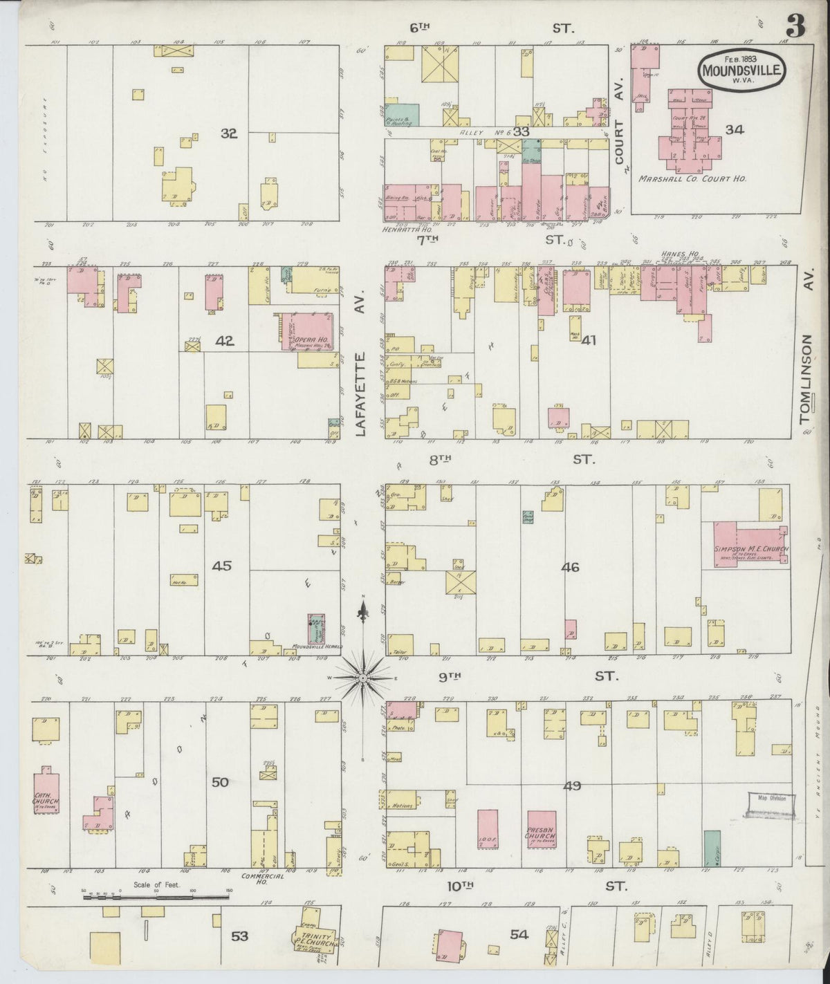 Sanborn Fire Insurance Map from Moundsville, Marshall County, West Virginia (1893), Sheet #0003 - Historic Sanborn Fire Insurance Map Print, vintage old map wall art, antique decor, genealogy gift, West Virginia West Virginia map