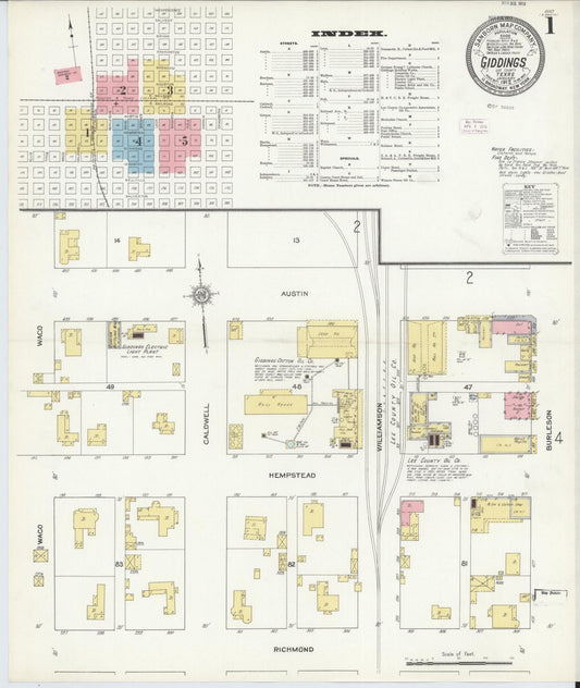 Sanborn Fire Insurance Map from Giddings, Lee County, Texas (1912), Sheet #0001 - Historic Sanborn Fire Insurance Map Print, vintage old map wall art, antique decor, genealogy gift, Texas Texas map