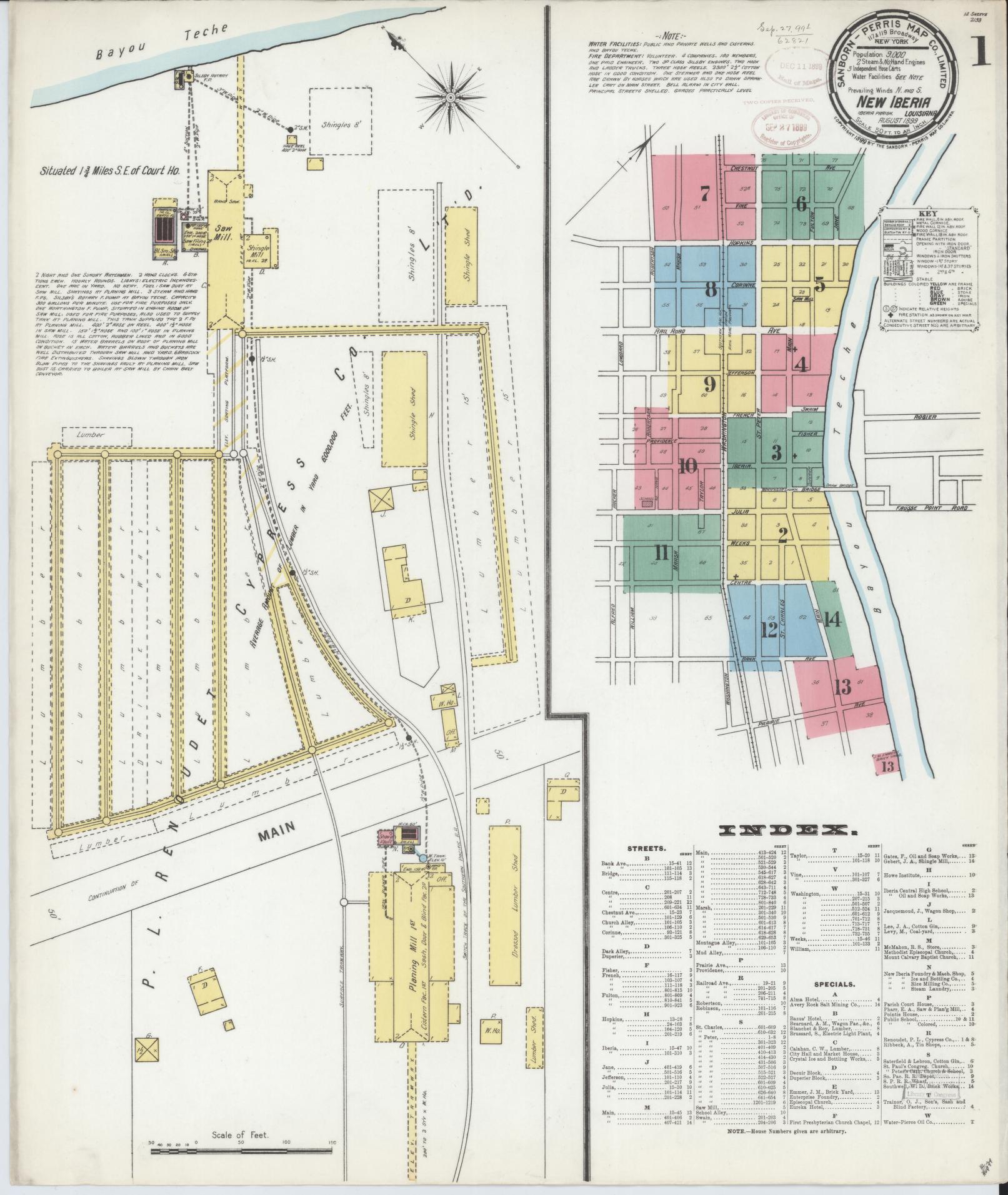 Sanborn Fire Insurance Map from New Iberia, Iberia Parish, Louisiana (1899), Sheet #0001 - Historic Sanborn Fire Insurance Map Print, vintage old map wall art, antique decor, genealogy gift, Louisiana Louisiana map